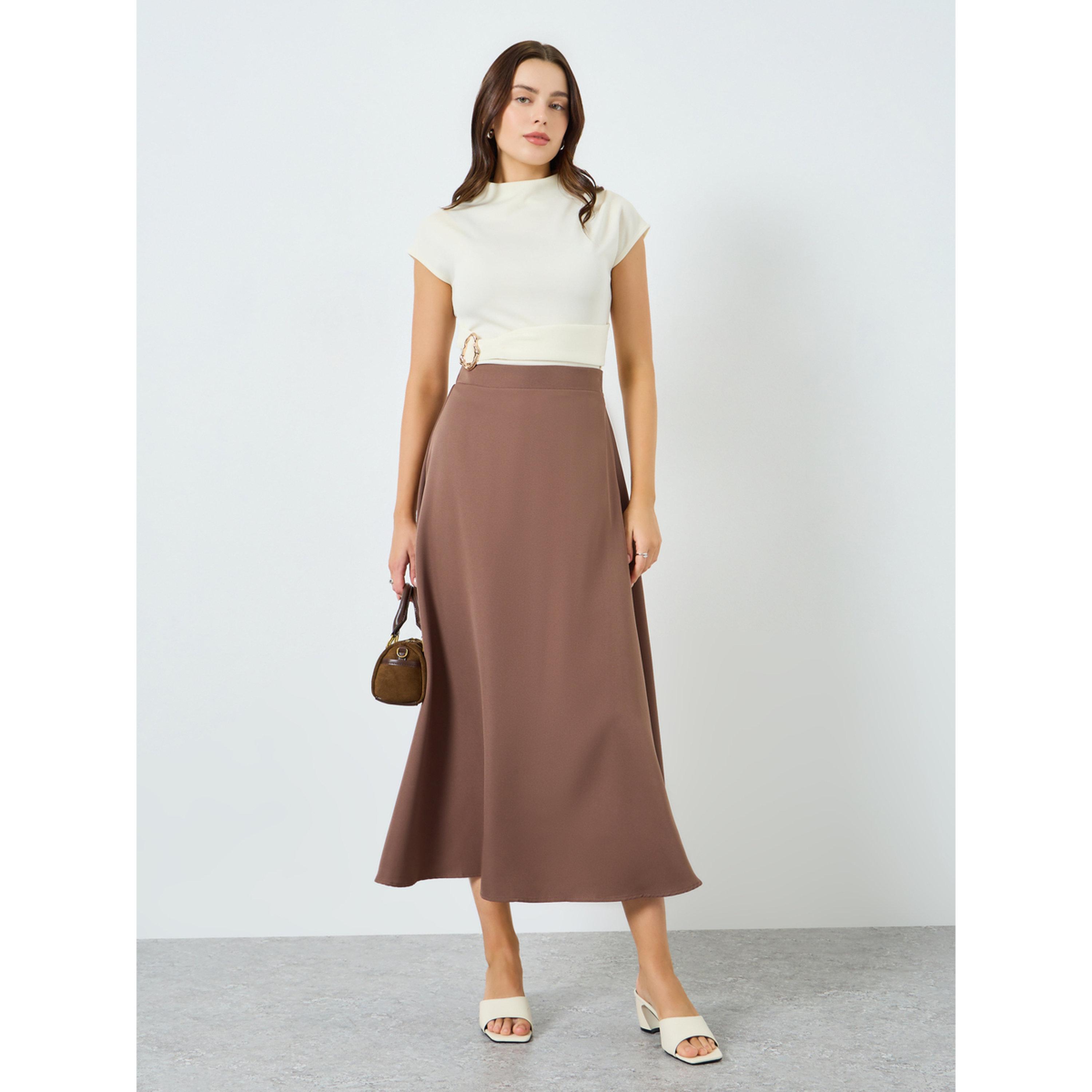 Styli Brown  Solid A-Line Maxi Skirt-women-clothing-bottoms-skirts-image-2