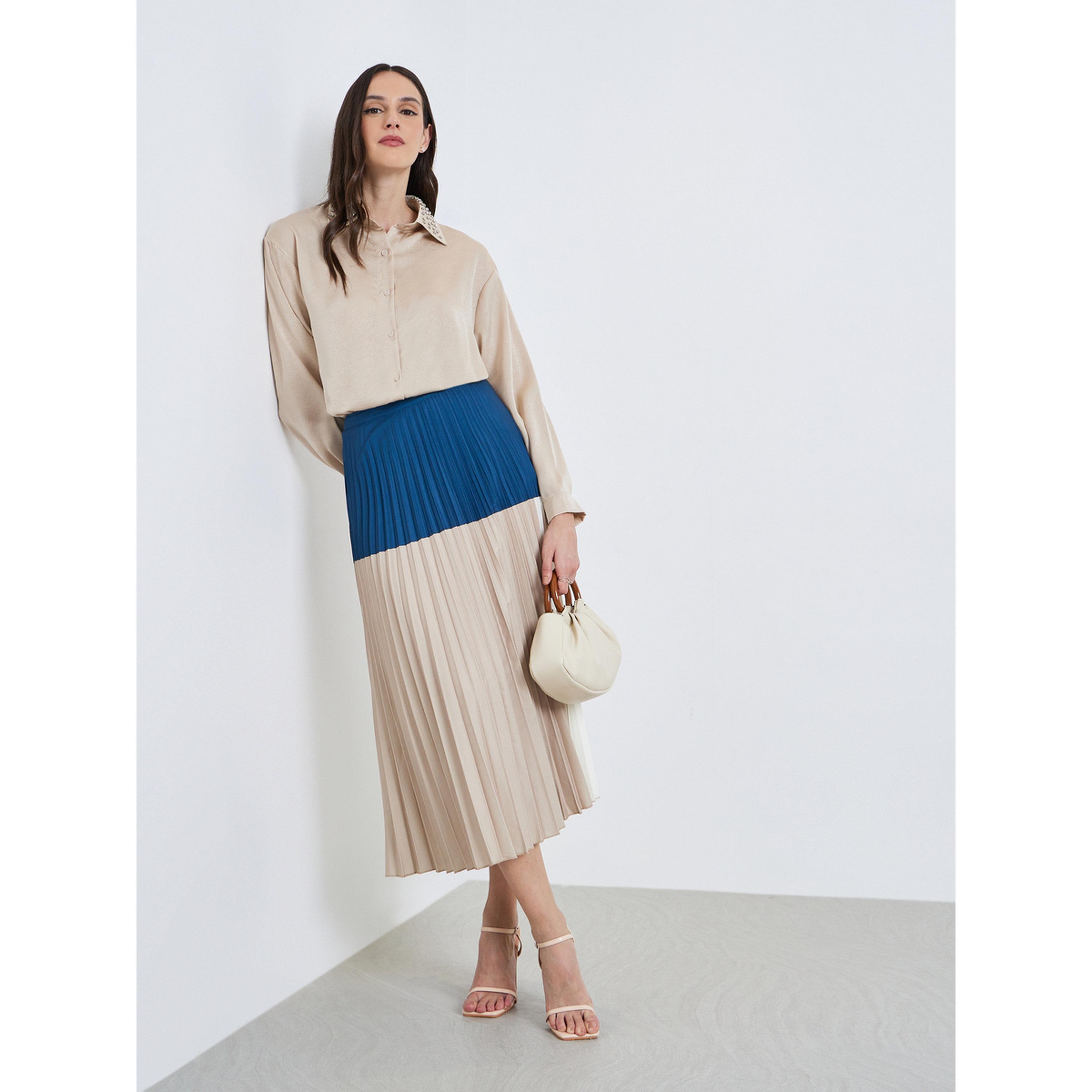 تنورة طويلة بكسرات ونمط كتل الالوان بحافة واسعة-women-clothing-bottoms-skirts-image-2