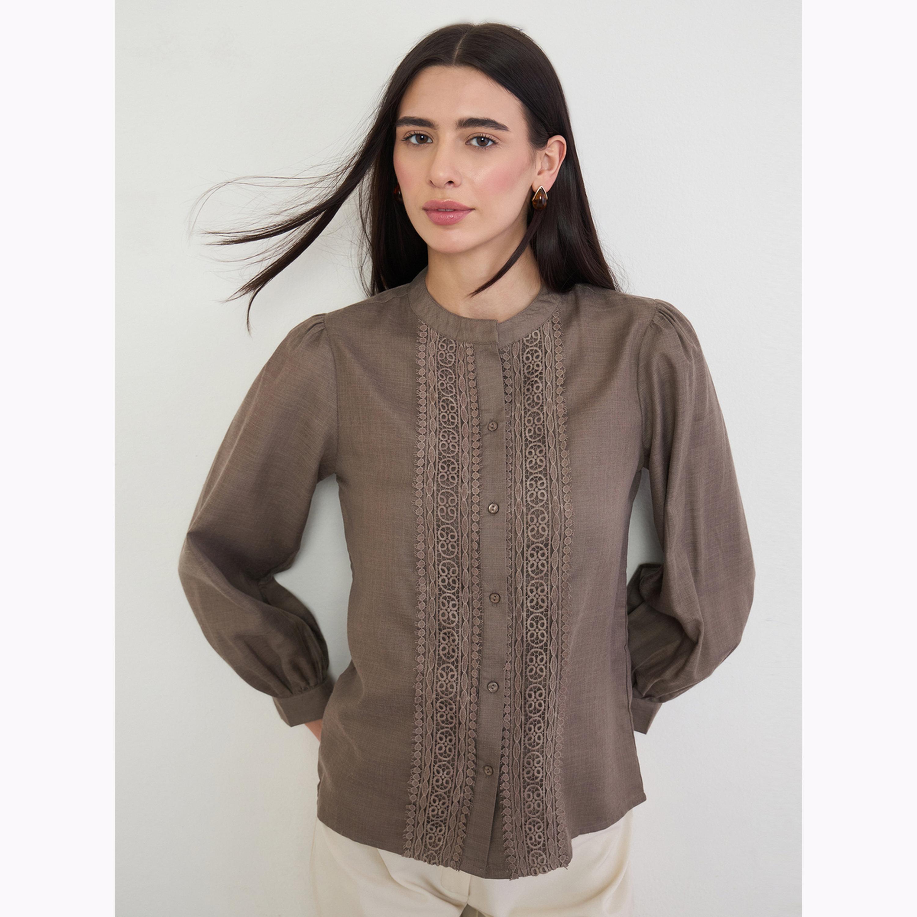 Styli Brown Lace Trim Long Sleeve Blouse-women-clothing-shirtsandblouses-shirts-image-1