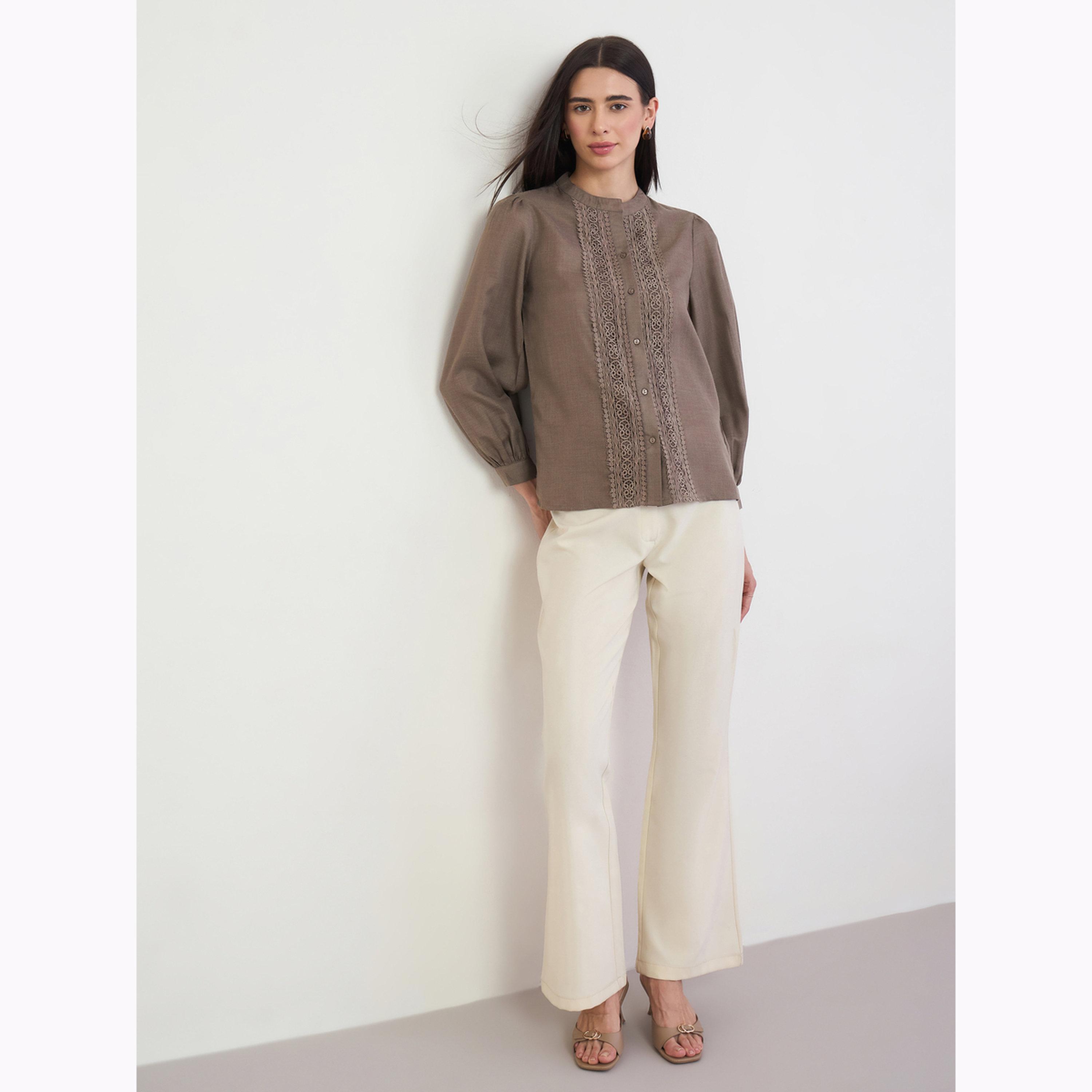 Styli Brown Lace Trim Long Sleeve Blouse-women-clothing-shirtsandblouses-shirts-image-2