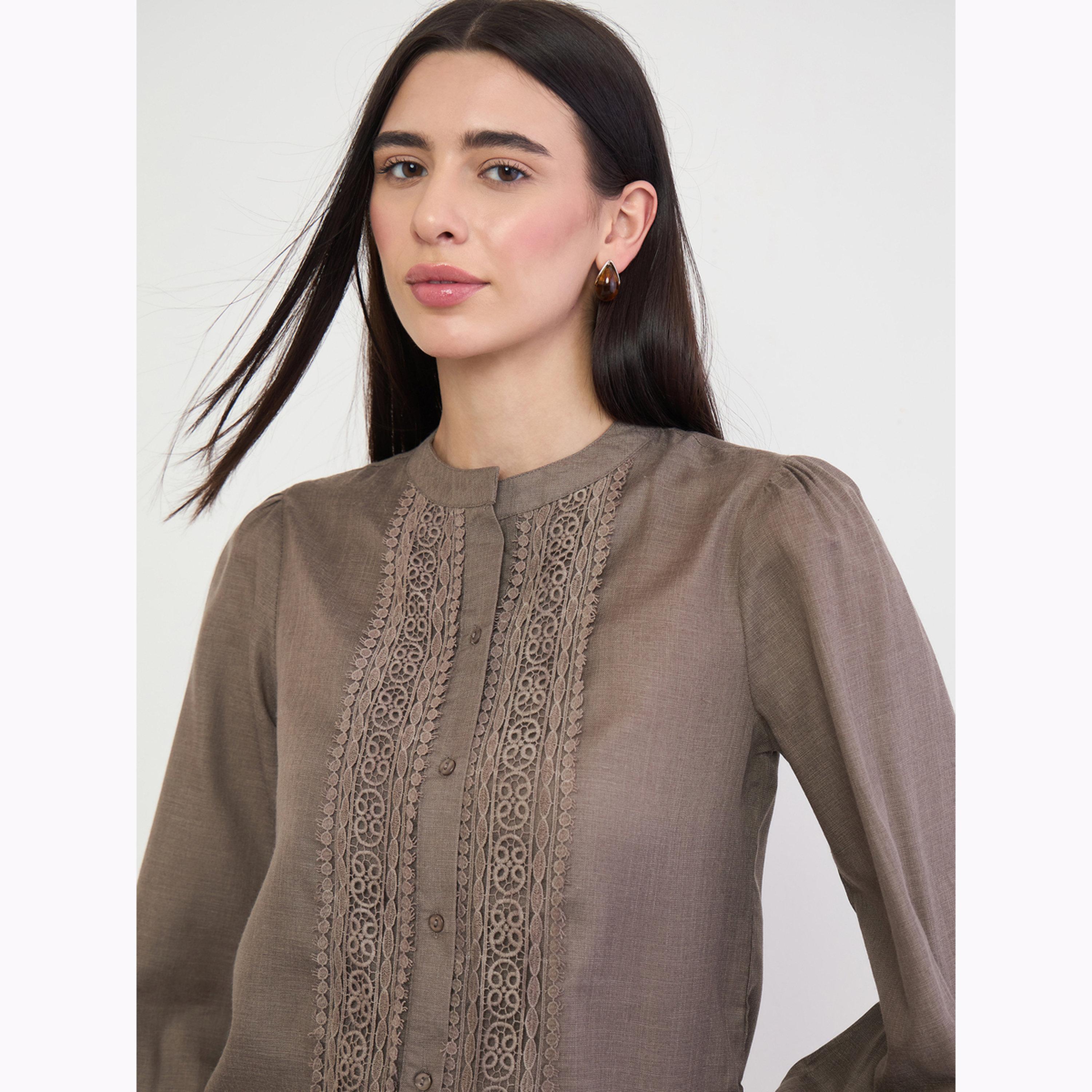 Styli Brown Lace Trim Long Sleeve Blouse-women-clothing-shirtsandblouses-shirts-image-3