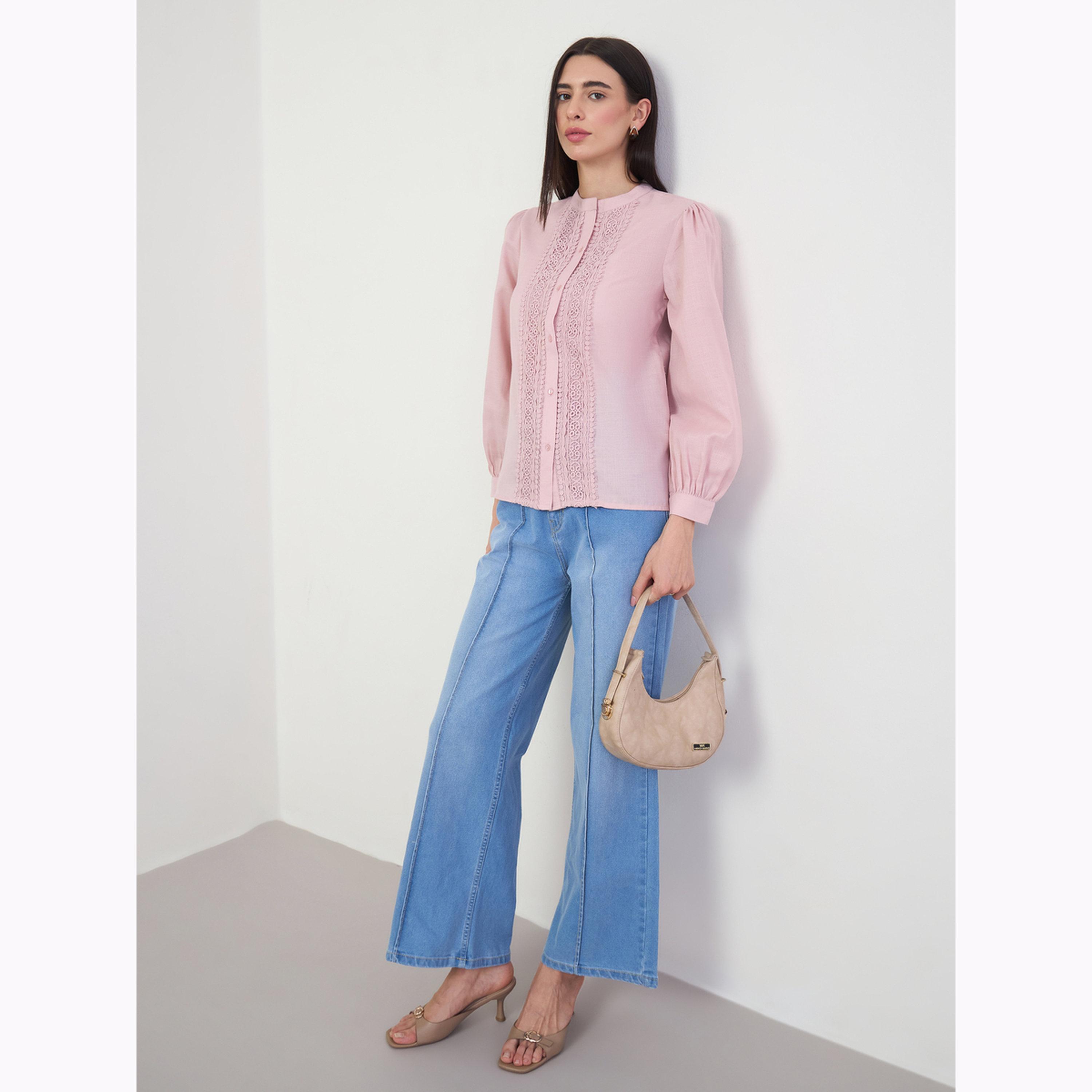 Styli Pink Lace Trim Long Sleeve Blouse-women-clothing-shirtsandblouses-shirts-image-2