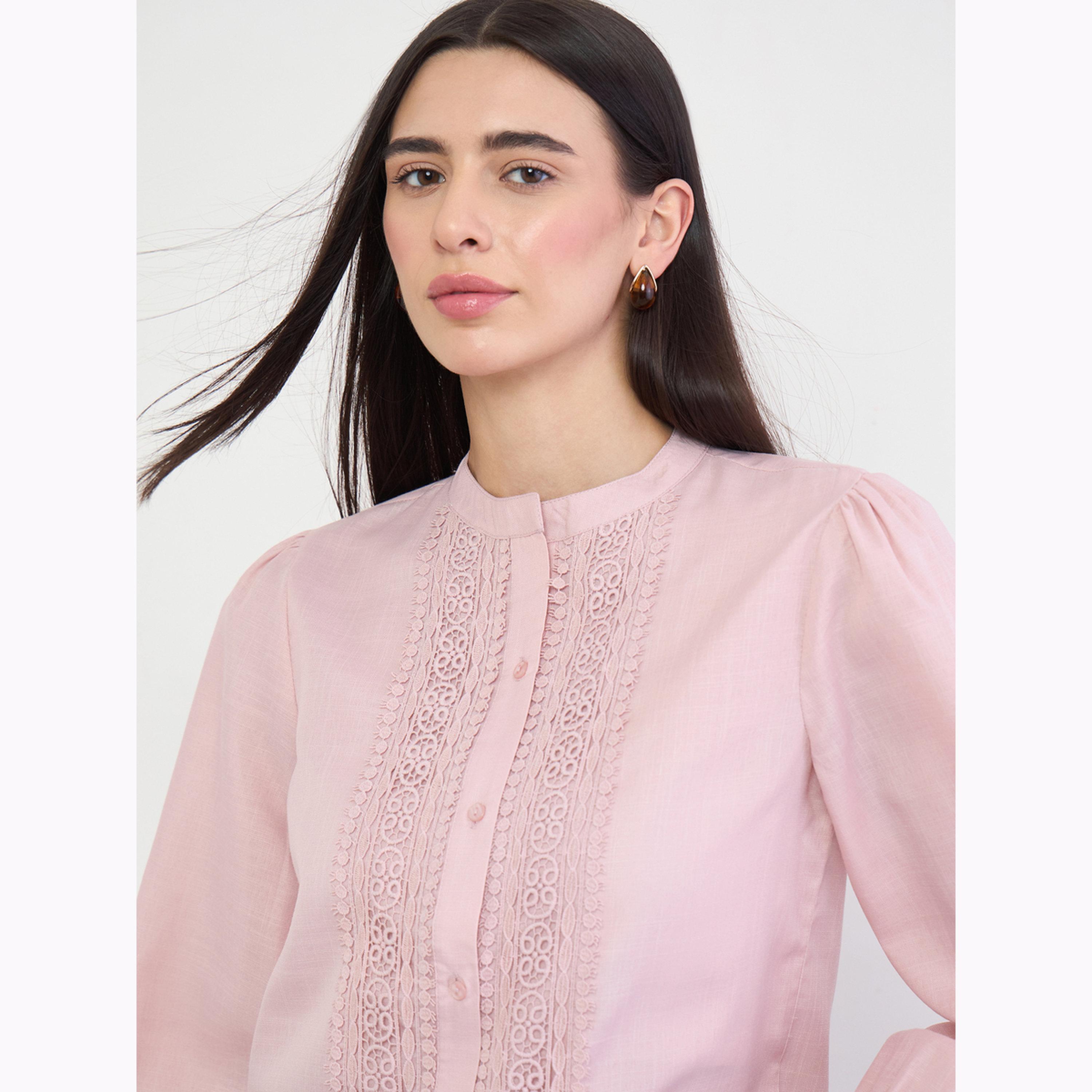 Styli Pink Lace Trim Long Sleeve Blouse-women-clothing-shirtsandblouses-shirts-image-3