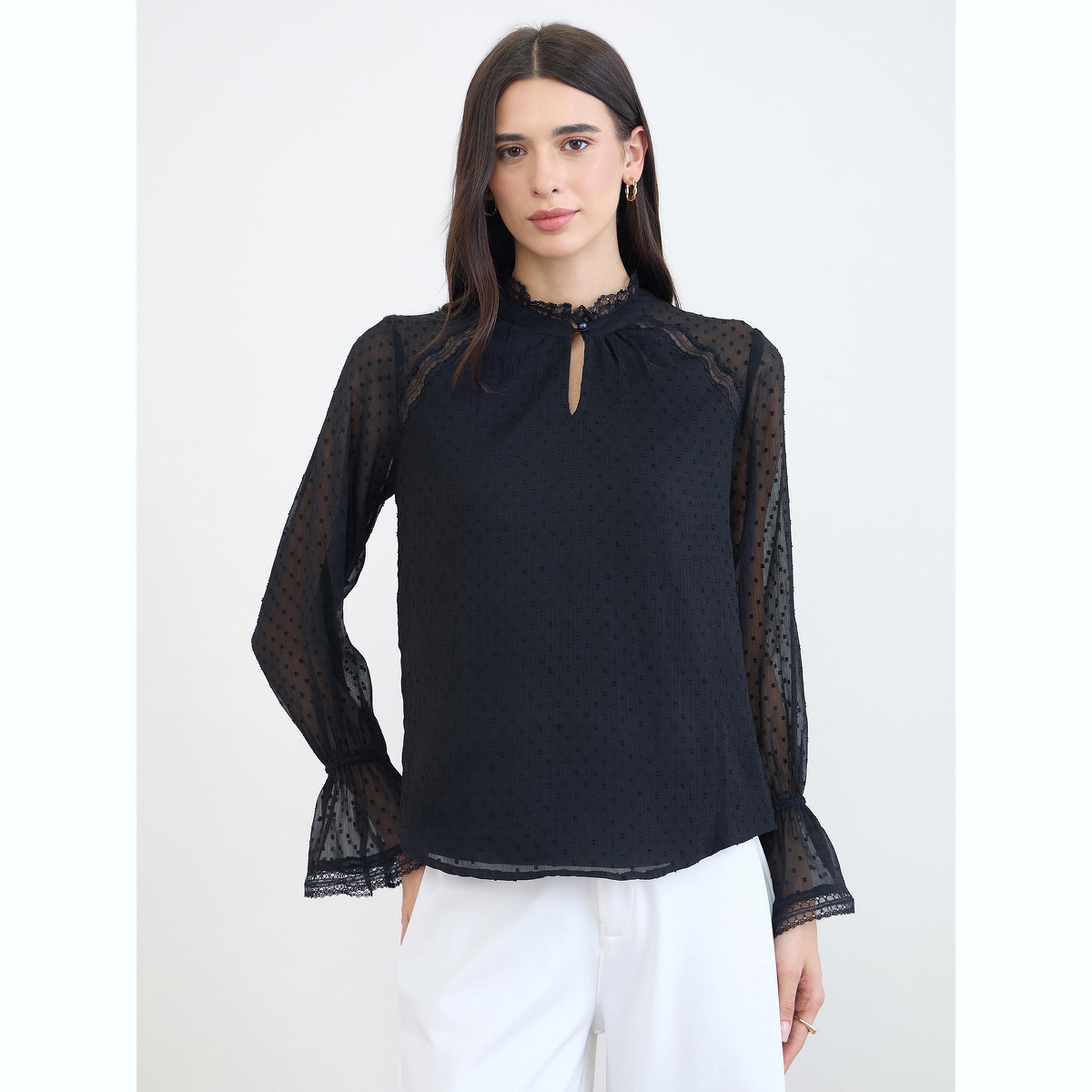 Styli Black Lace Trim Dobby Blouse-women-clothing-shirtsandblouses-blouses-image-1