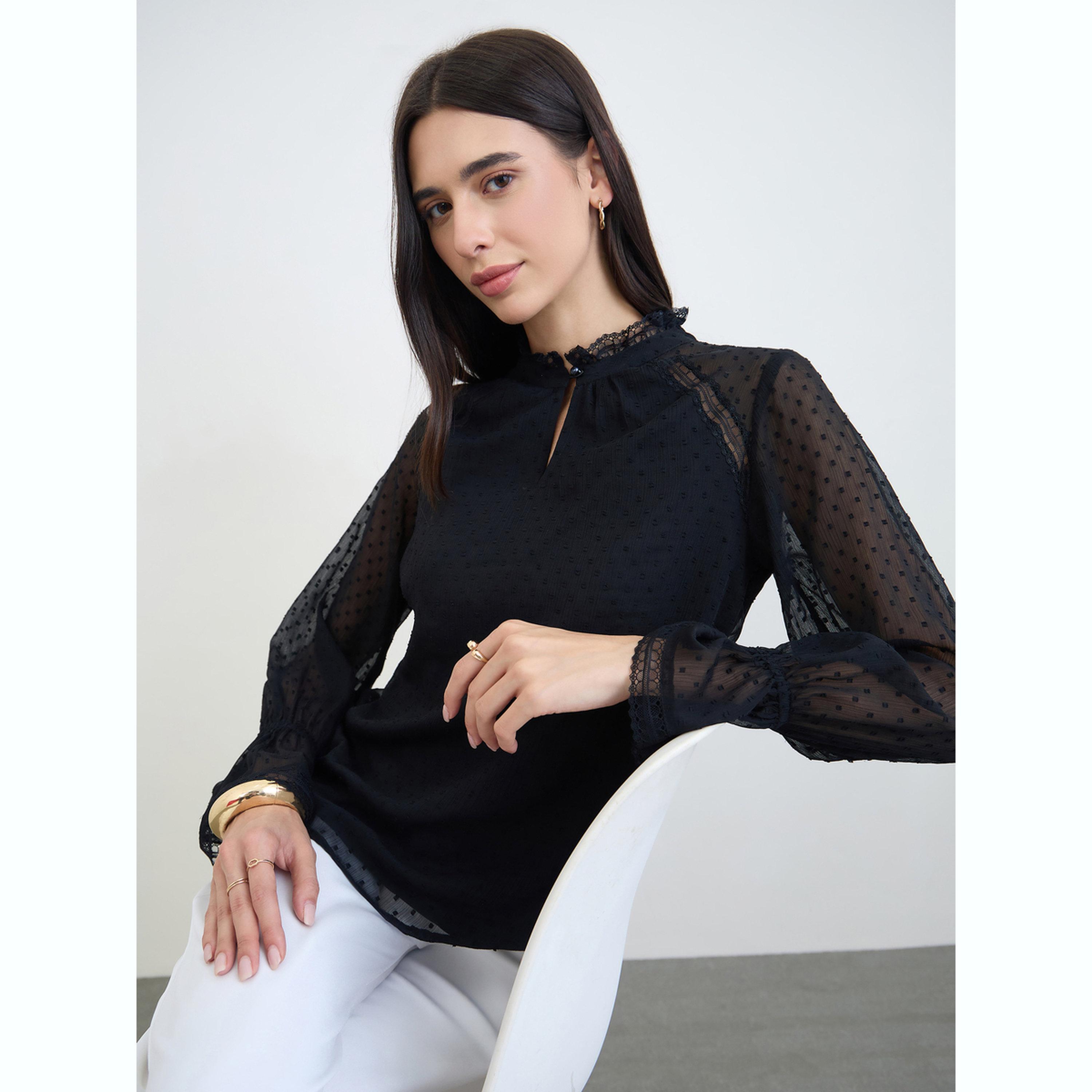 Styli Black Lace Trim Dobby Blouse-women-clothing-shirtsandblouses-blouses-image-3