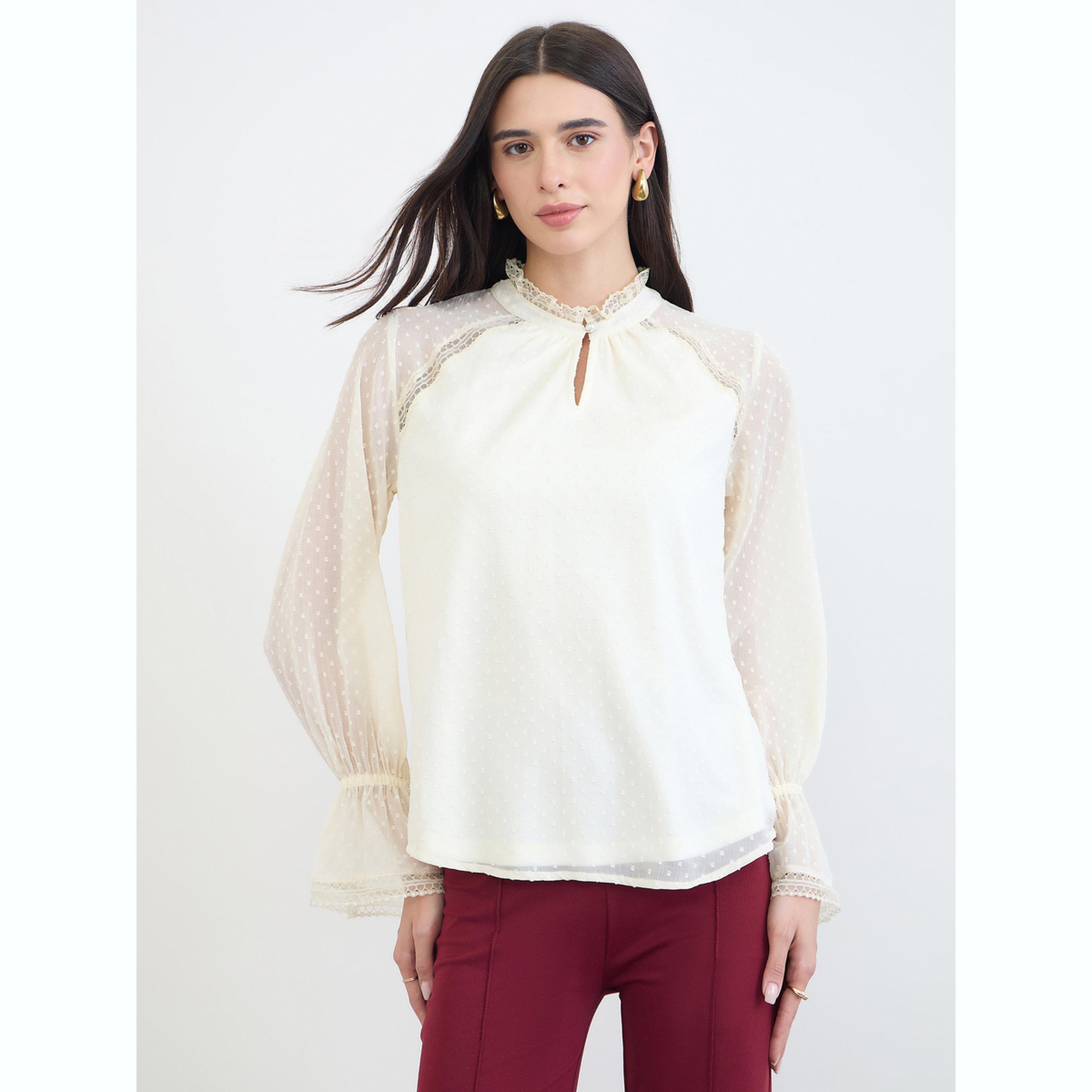 بلوزة دوبي بتفاصيل دانتيل أوف وايت-women-clothing-shirtsandblouses-blouses-image-1