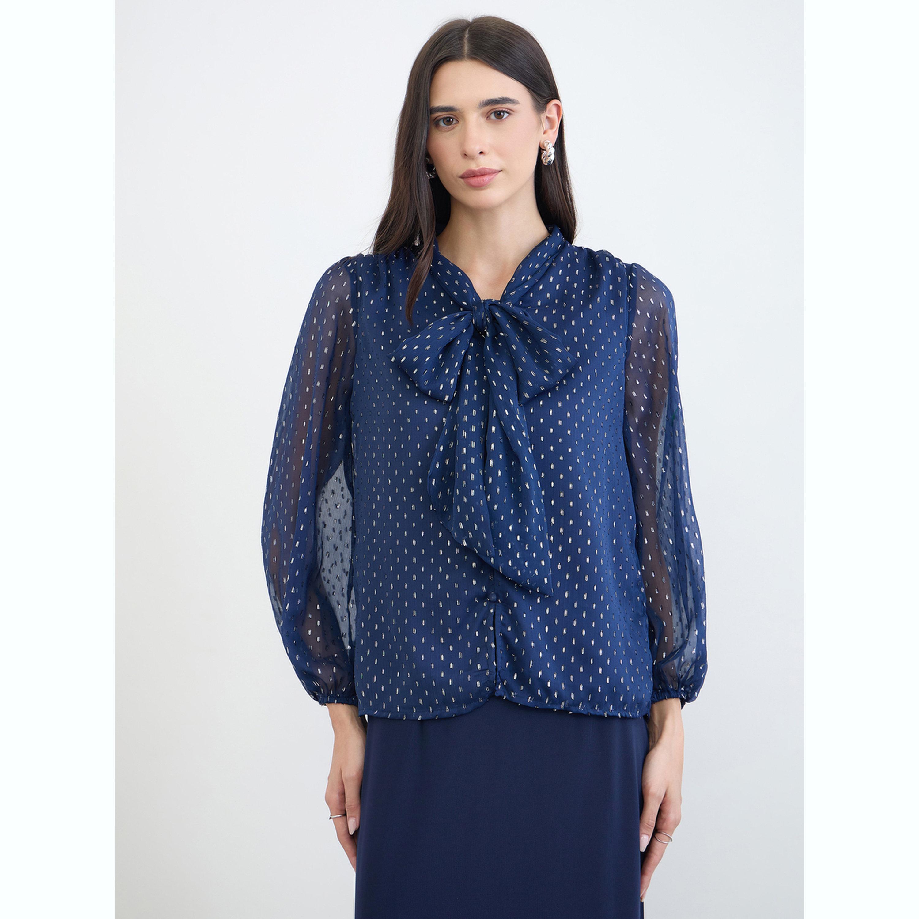 بلوزة برباط ياقة ونقشة منقطة لوريكس أزرق كحلي-women-clothing-shirtsandblouses-blouses-image-1