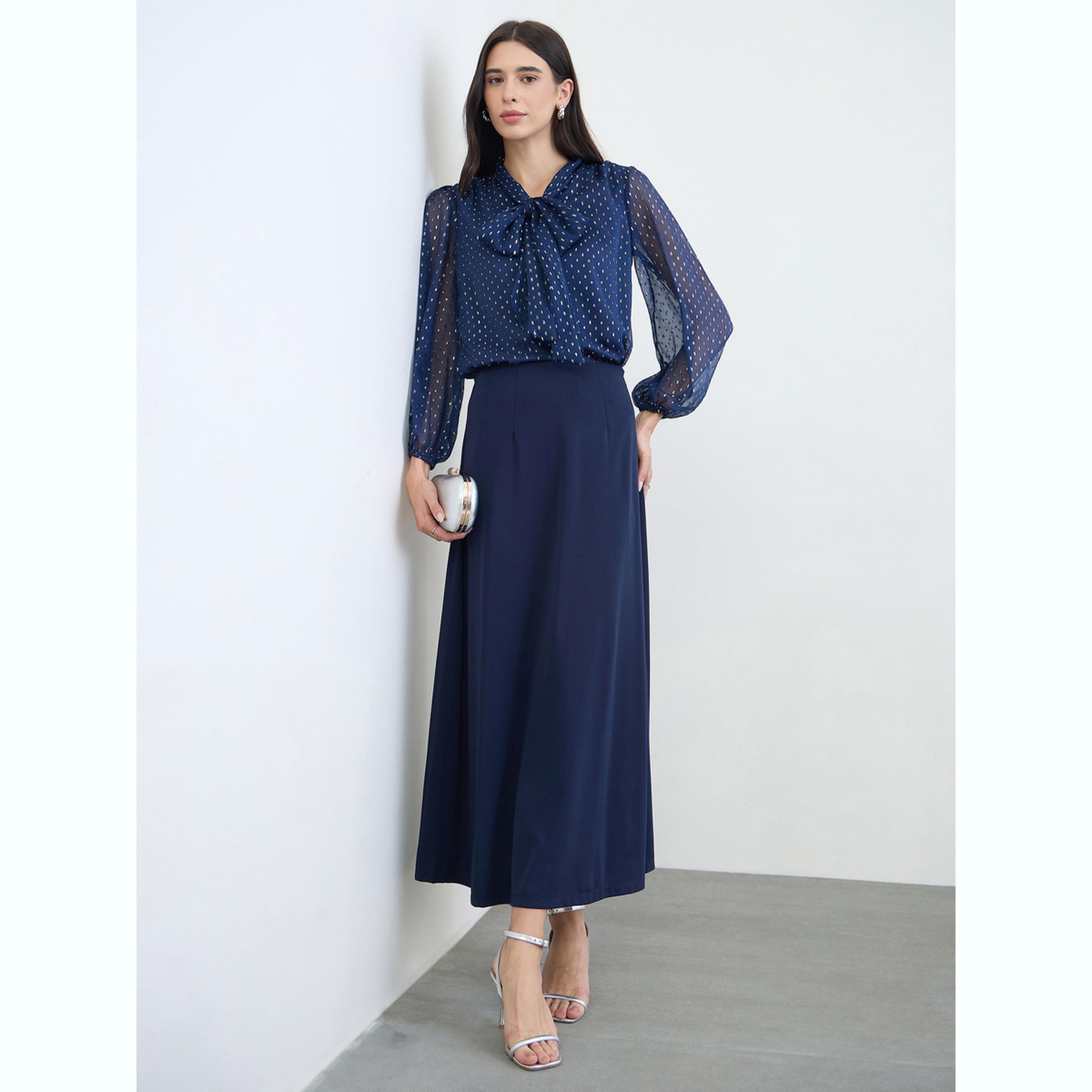 بلوزة برباط ياقة ونقشة منقطة لوريكس أزرق كحلي-women-clothing-shirtsandblouses-blouses-image-2