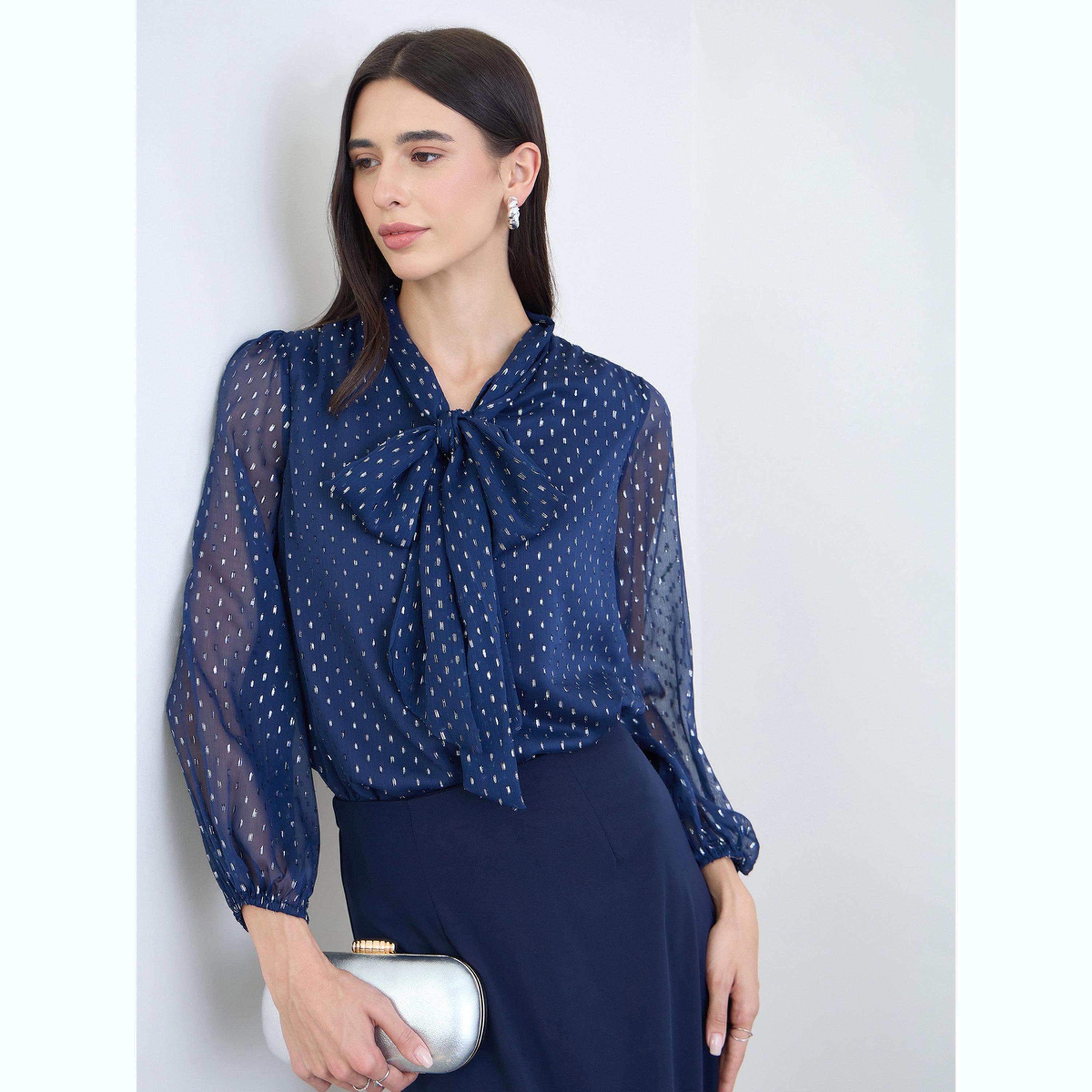 بلوزة برباط ياقة ونقشة منقطة لوريكس أزرق كحلي-women-clothing-shirtsandblouses-blouses-image-3