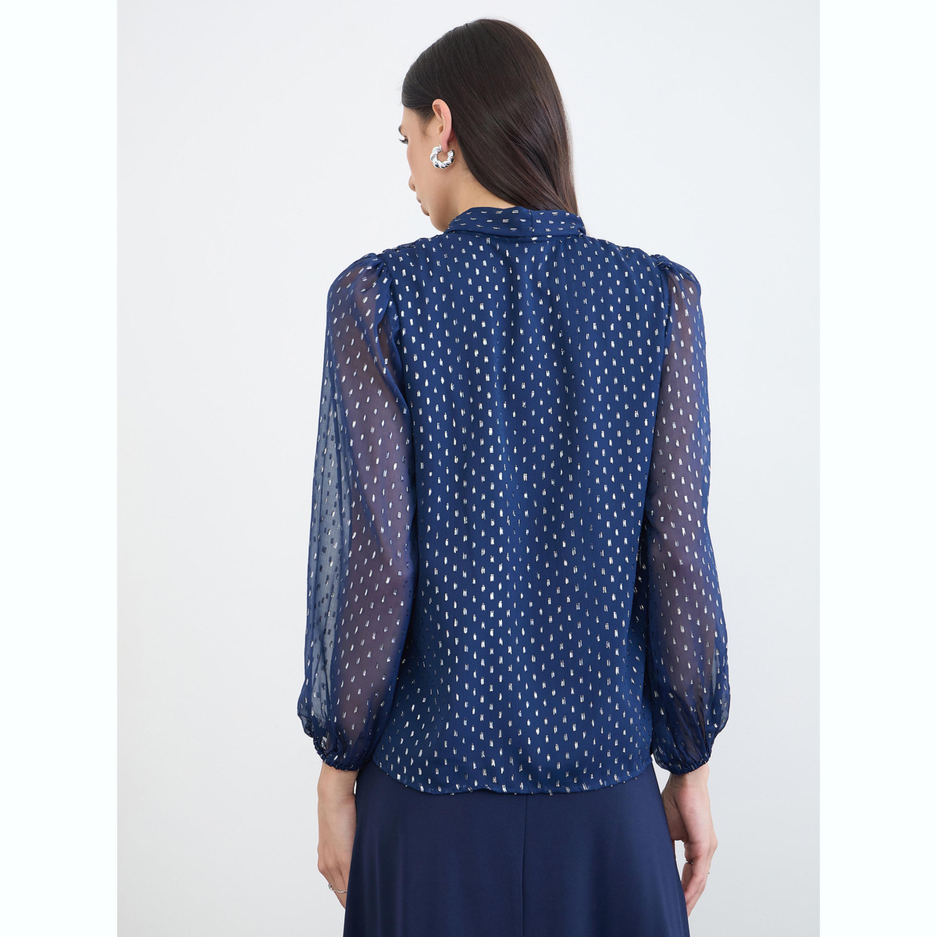 بلوزة برباط ياقة ونقشة منقطة لوريكس أزرق كحلي-women-clothing-shirtsandblouses-blouses-image-4