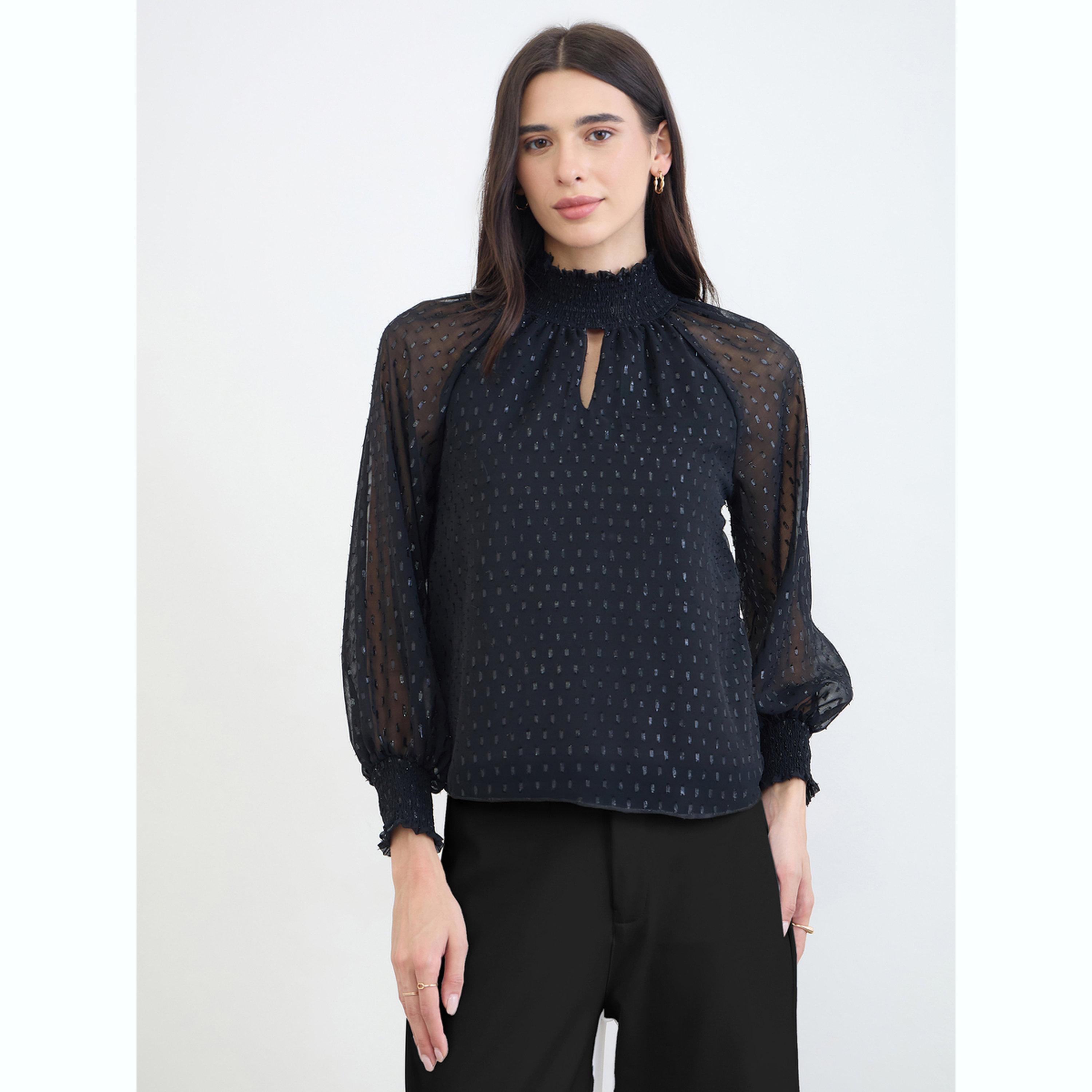 Styli Black Lurex Semi Sheer Sleeve Blouse-women-clothing-shirtsandblouses-blouses-image-1
