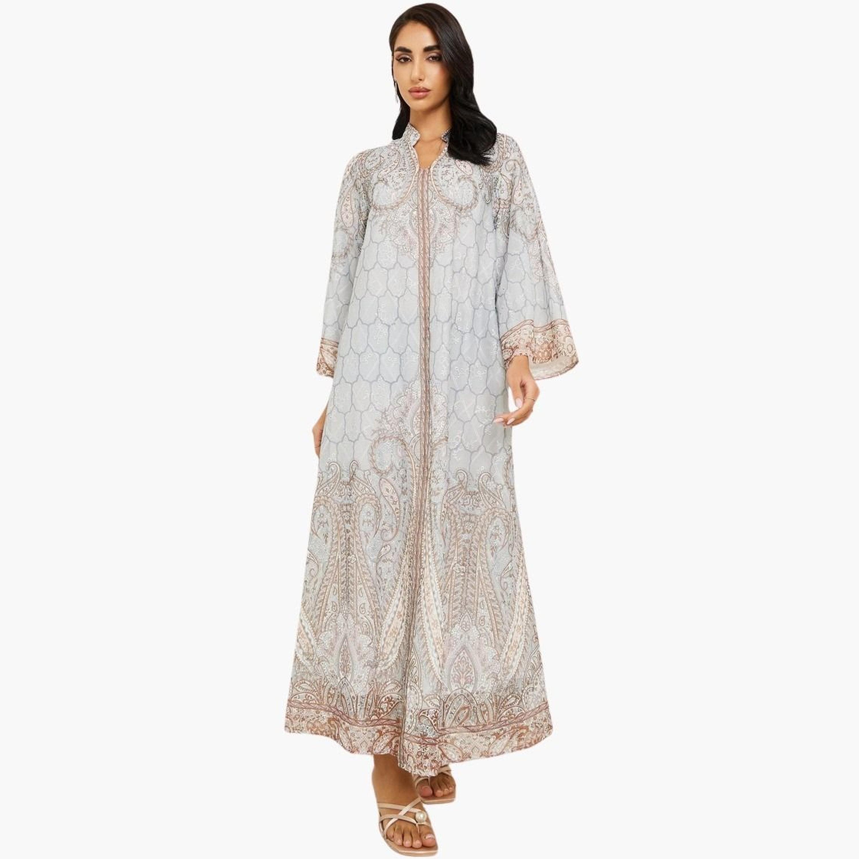 Amirah X Styli Women Printed Jalabiya with Rhinestone Embellishment-women-arabicclothing-jalabiyas-image-1