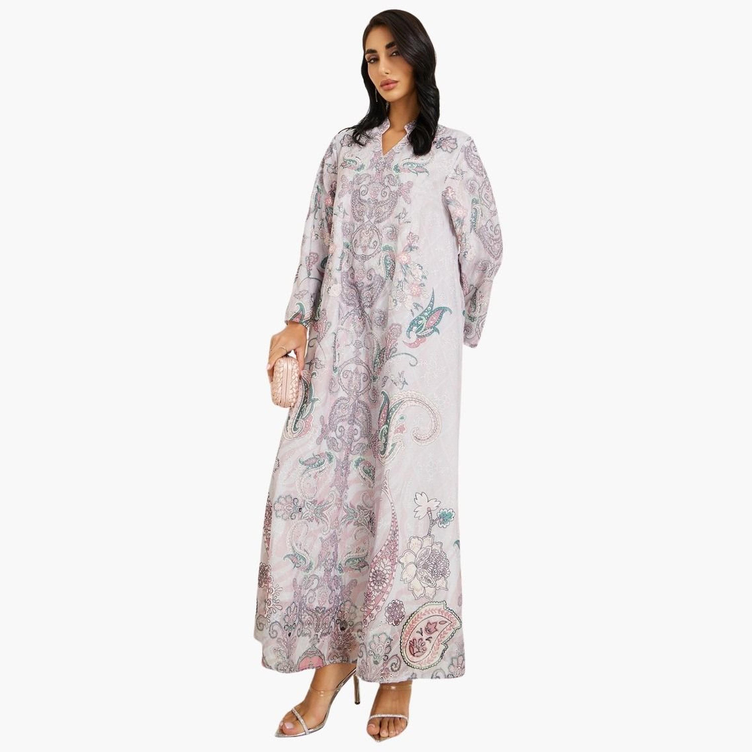 Styli Women Paisley Print Jalabiya with Rhinestone Embellishment-women-arabicclothing-jalabiyas-image-1