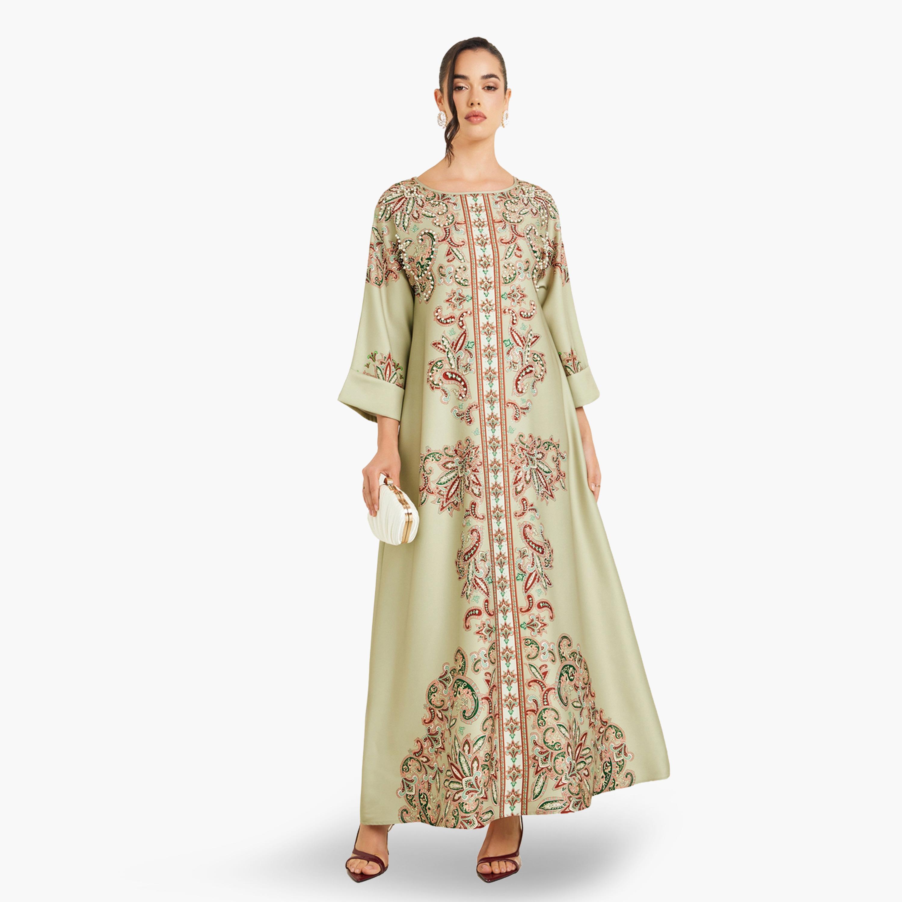 Amirah X Styli Women Green Embellished Long Sleeve Jalabiya-women-arabicclothing-jalabiyas-image-1