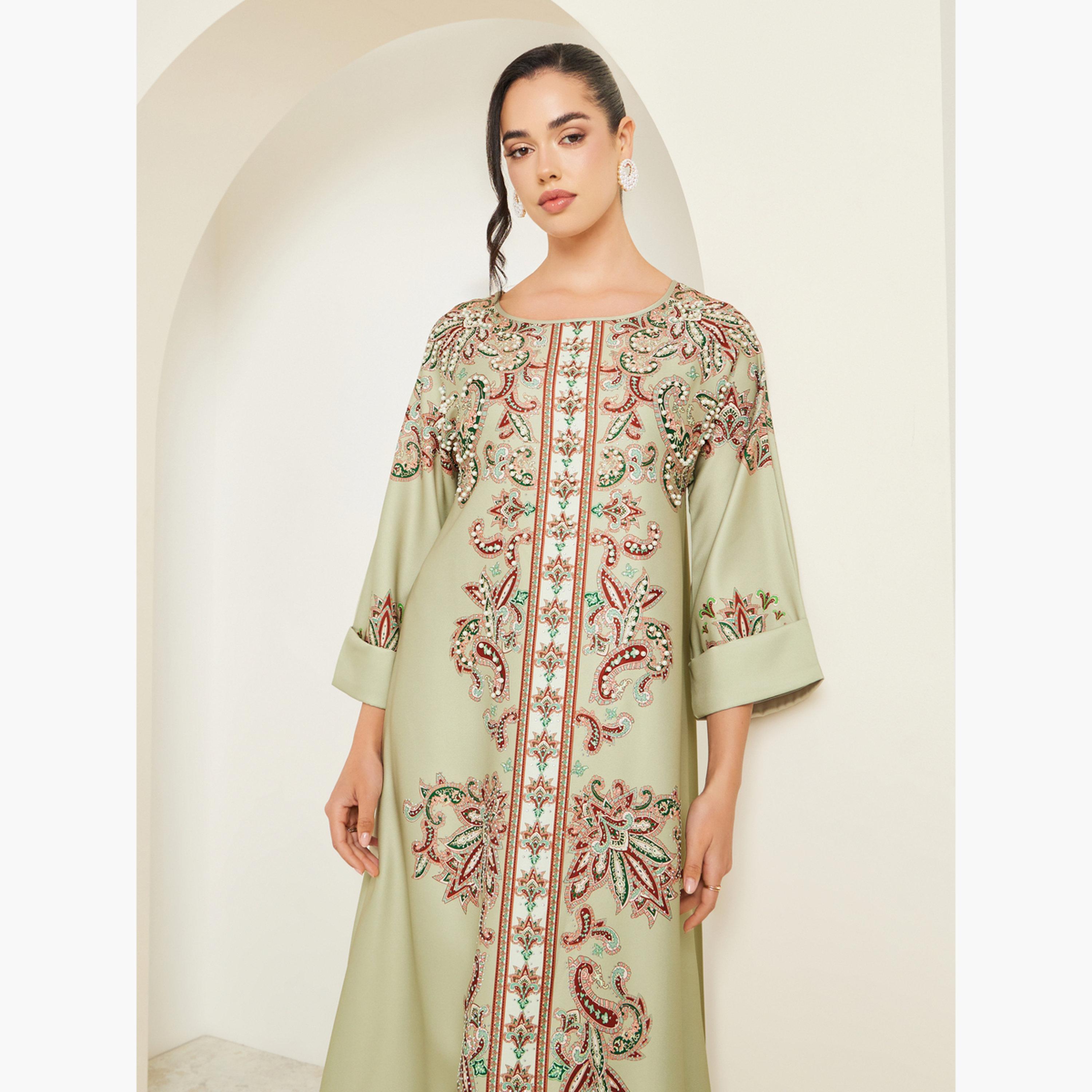 Amirah X Styli Women Green Embellished Long Sleeve Jalabiya-women-arabicclothing-jalabiyas-image-2