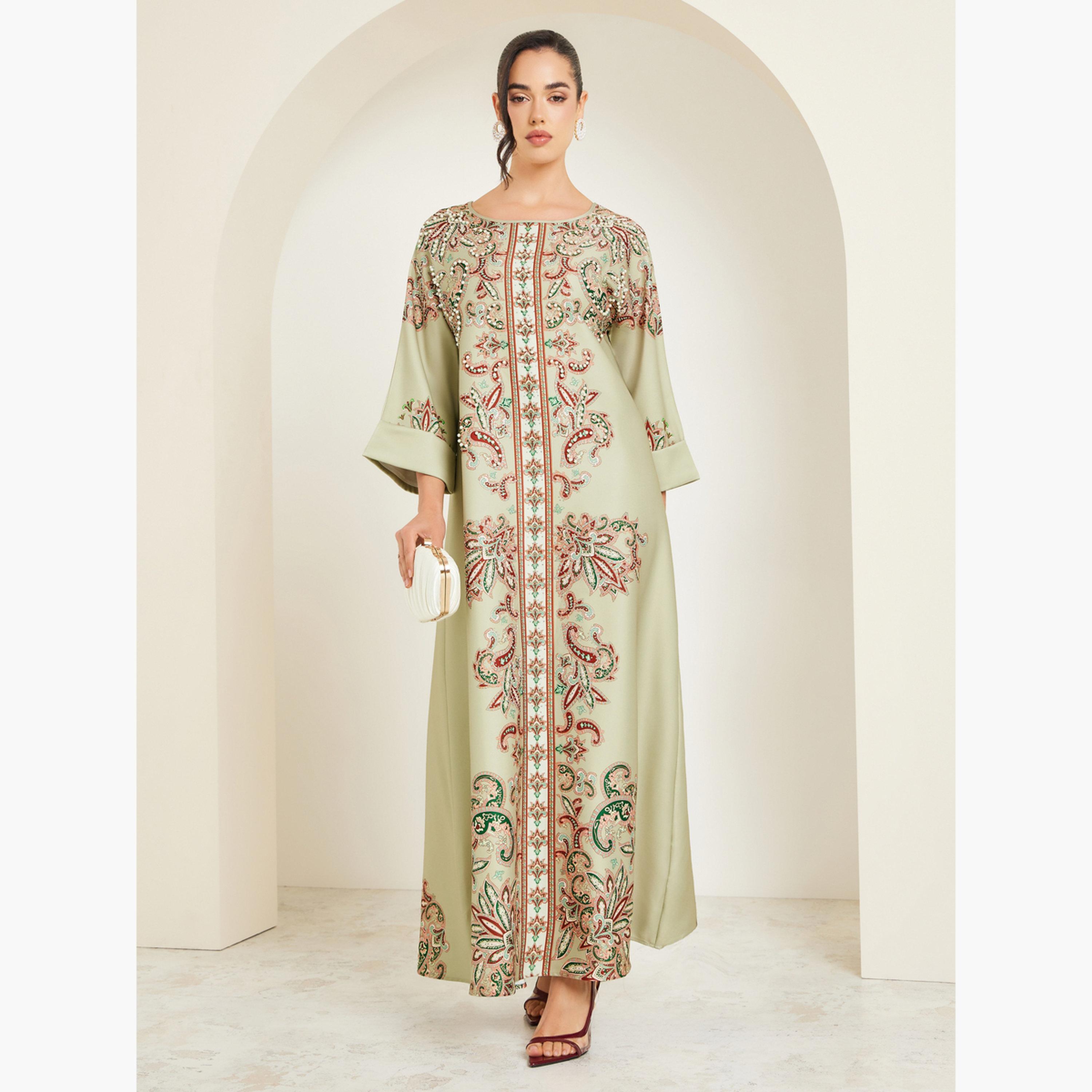 Amirah X Styli Women Green Embellished Long Sleeve Jalabiya-women-arabicclothing-jalabiyas-image-3