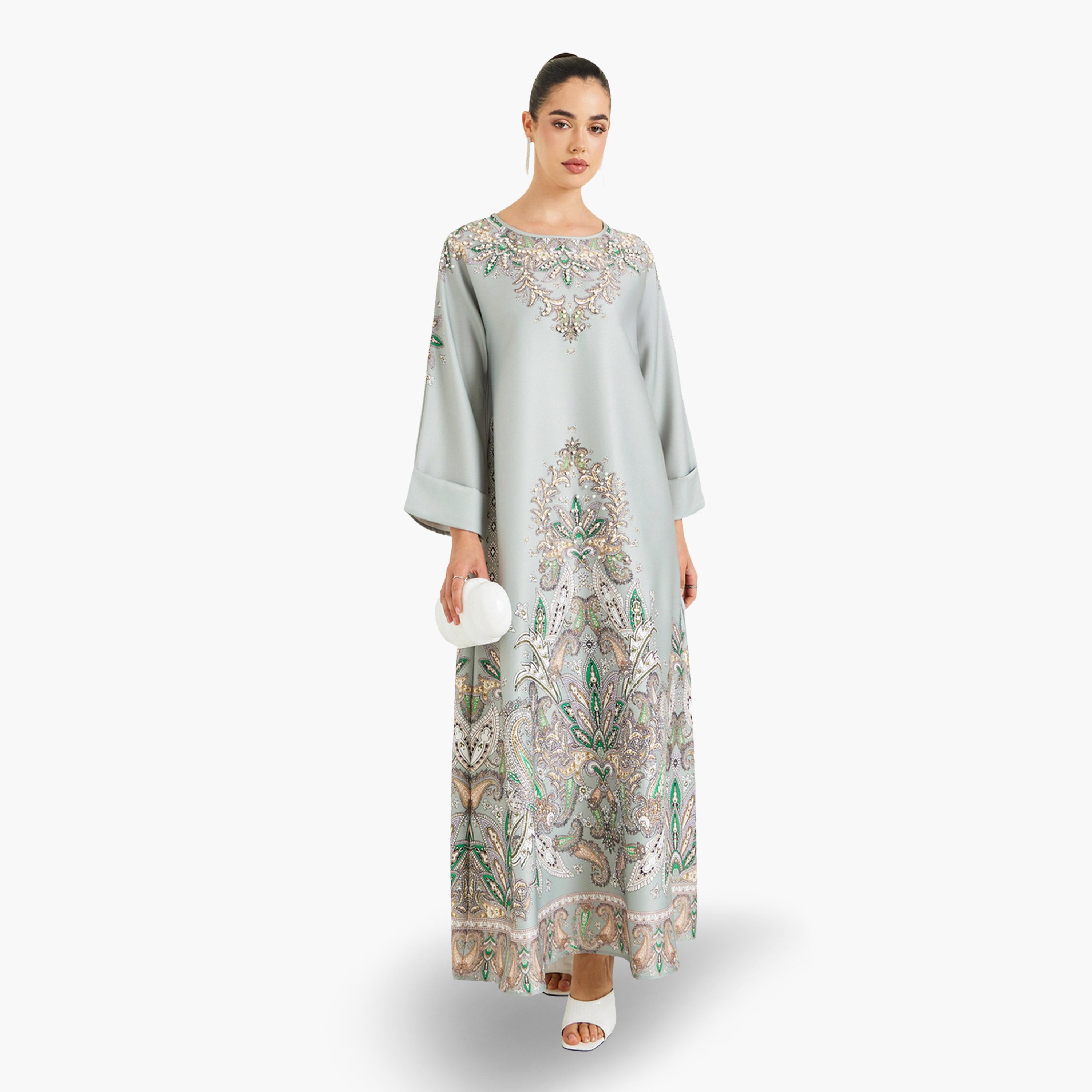 Amirah X Styli Women Green Embellished Long Sleeve Jalabiya-women-arabicclothing-jalabiyas-image-1