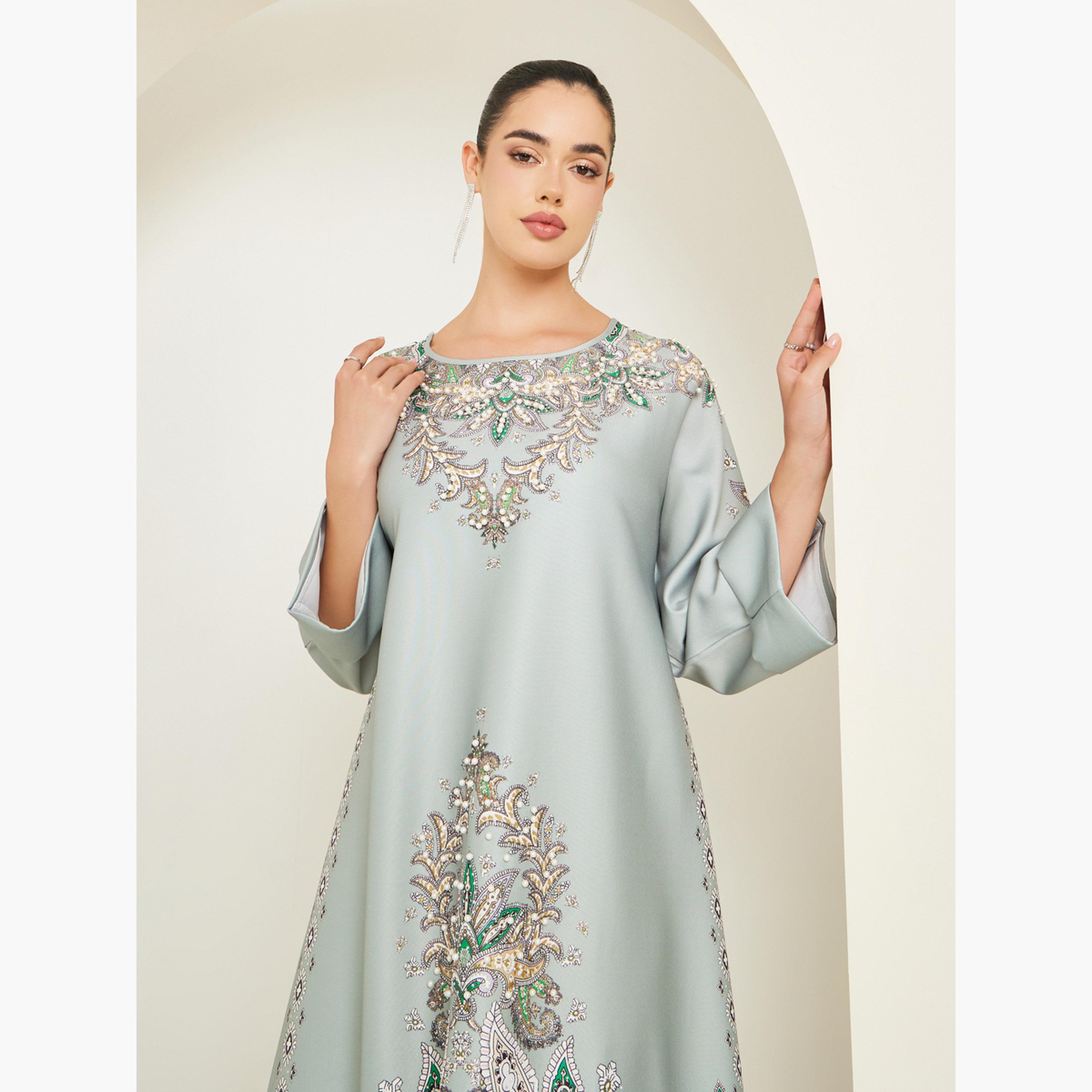 Amirah X Styli Women Green Embellished Long Sleeve Jalabiya-women-arabicclothing-jalabiyas-image-2