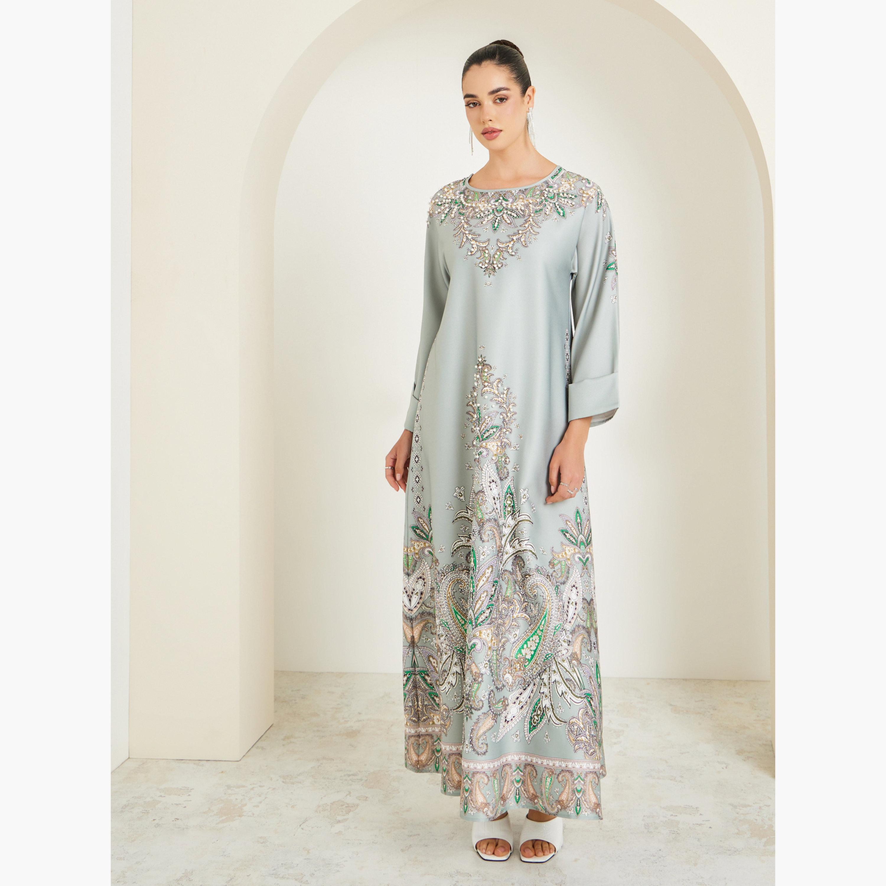 Amirah X Styli Women Green Embellished Long Sleeve Jalabiya-women-arabicclothing-jalabiyas-image-3