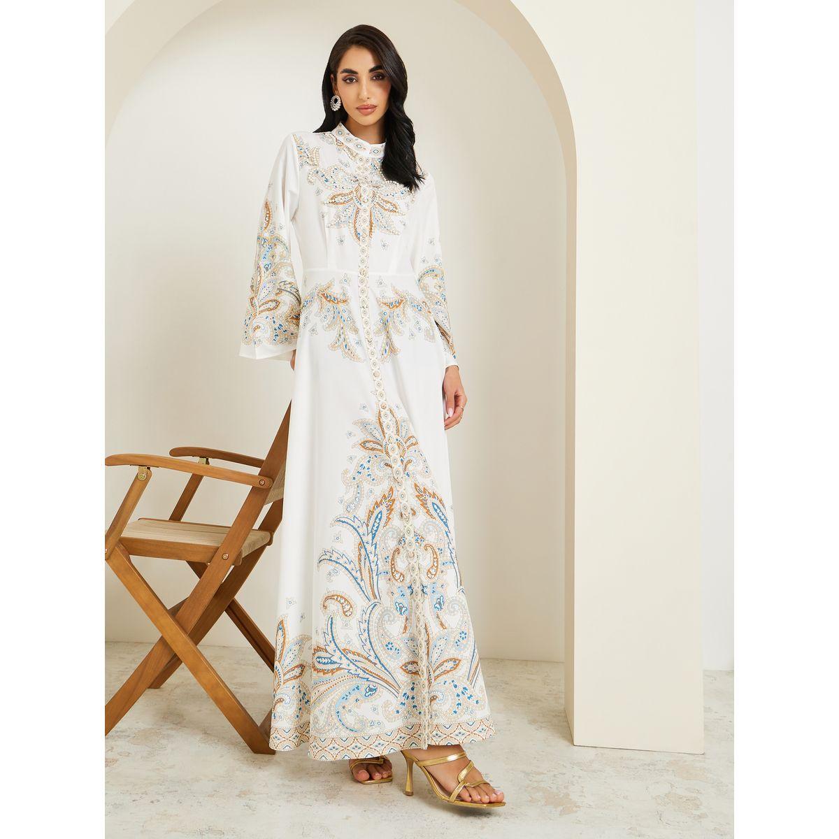 Styli Women Placement Print Jalabiya with Pearl Embellishment-women-arabicclothing-jalabiyas-image-1