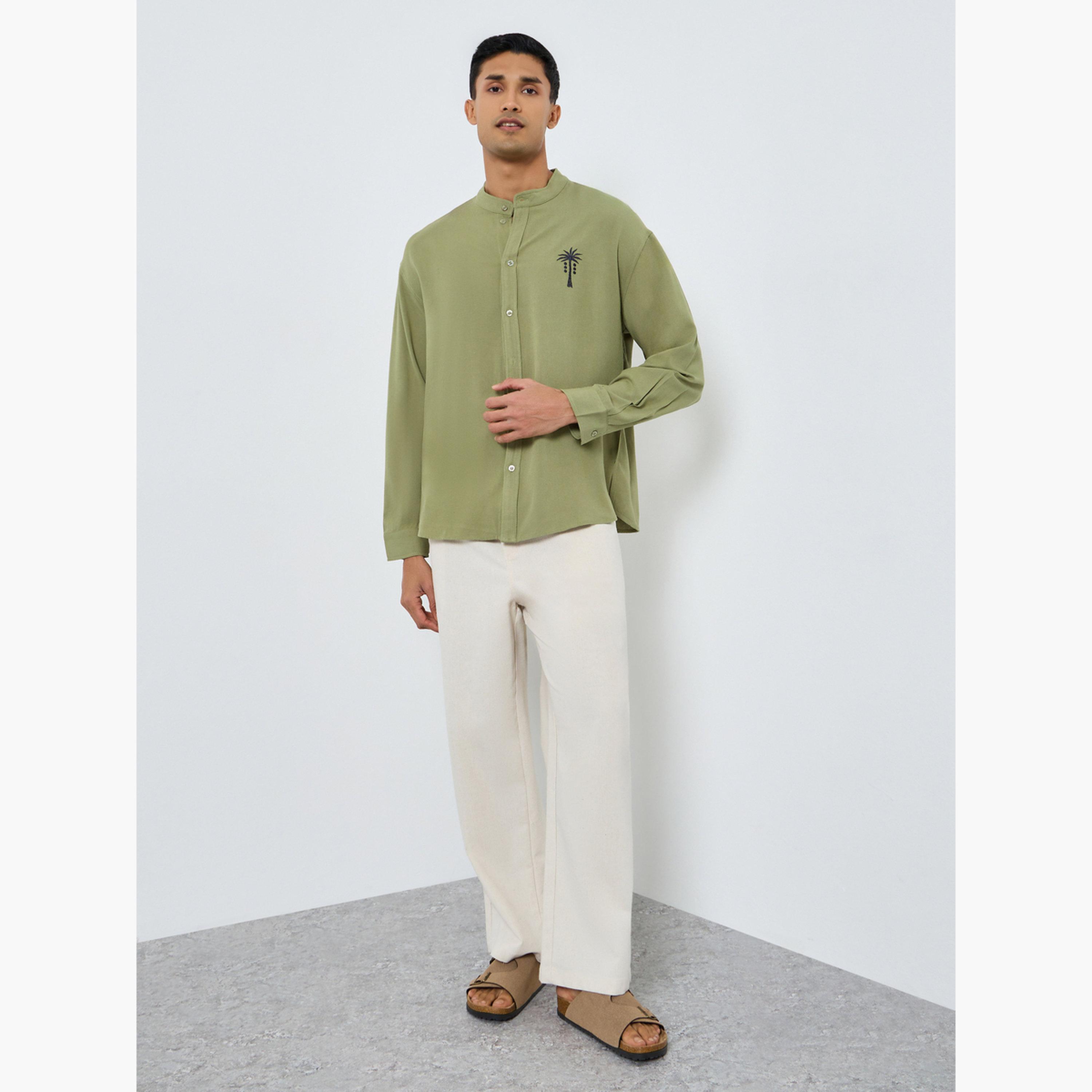 Styli Men Olive Linen Mandarin Collar Shirt-men-clothing-shirts-image-2