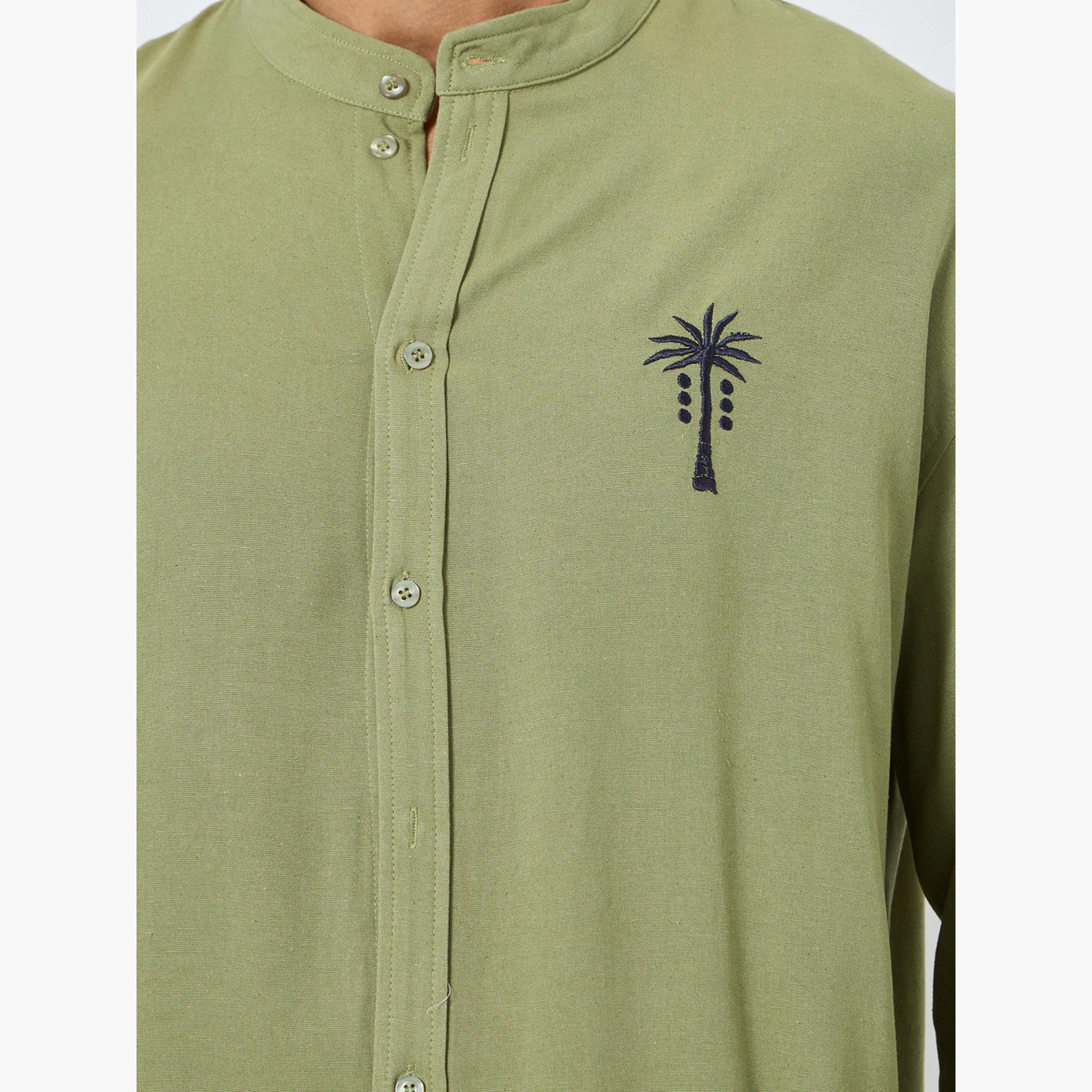 Styli Men Olive Linen Mandarin Collar Shirt-men-clothing-shirts-image-3