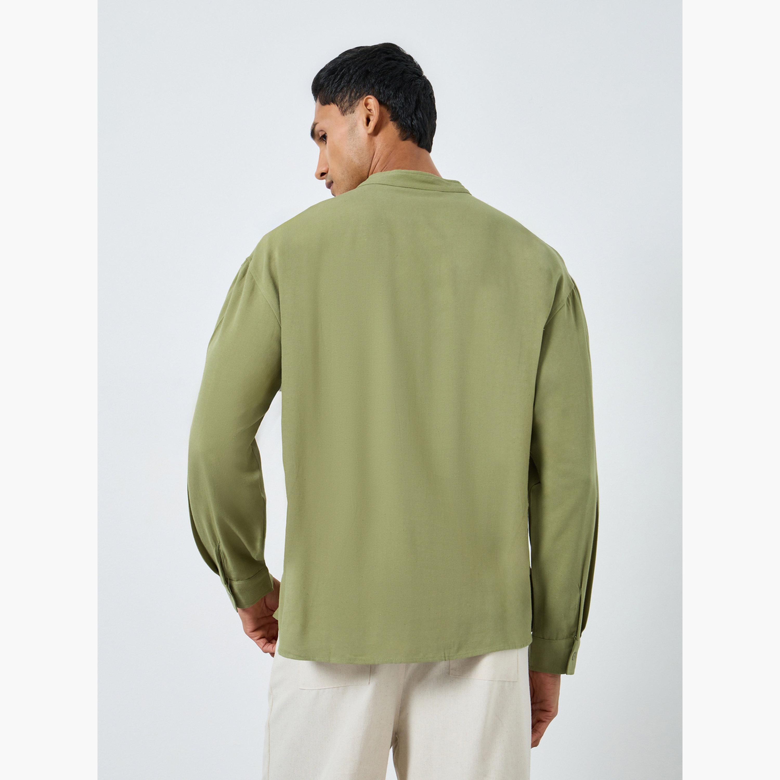 Styli Men Olive Linen Mandarin Collar Shirt-men-clothing-shirts-image-4