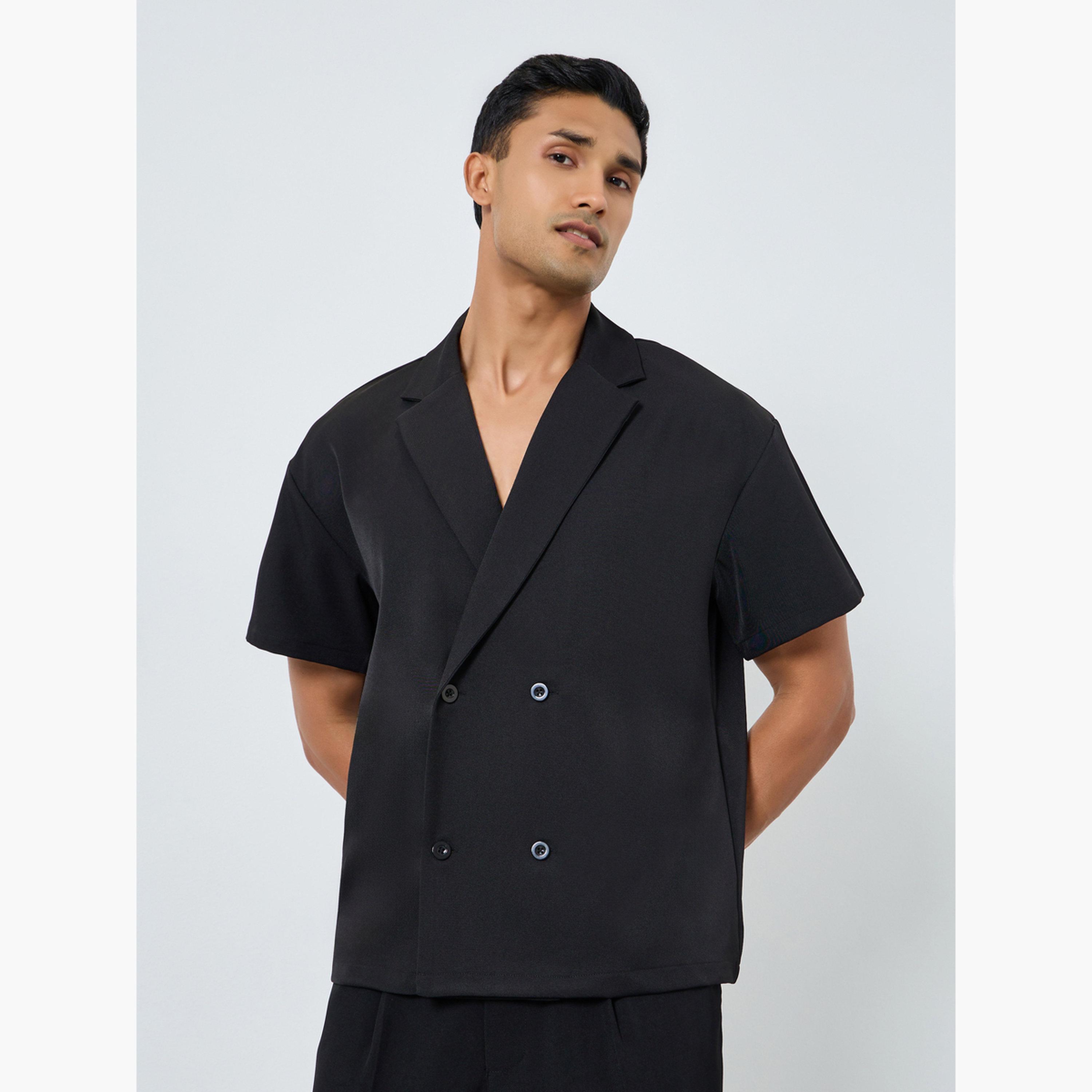 Styli Men Black Notch Collar Double Breasted Oversized Shirt-men-clothing-shirts-image-1