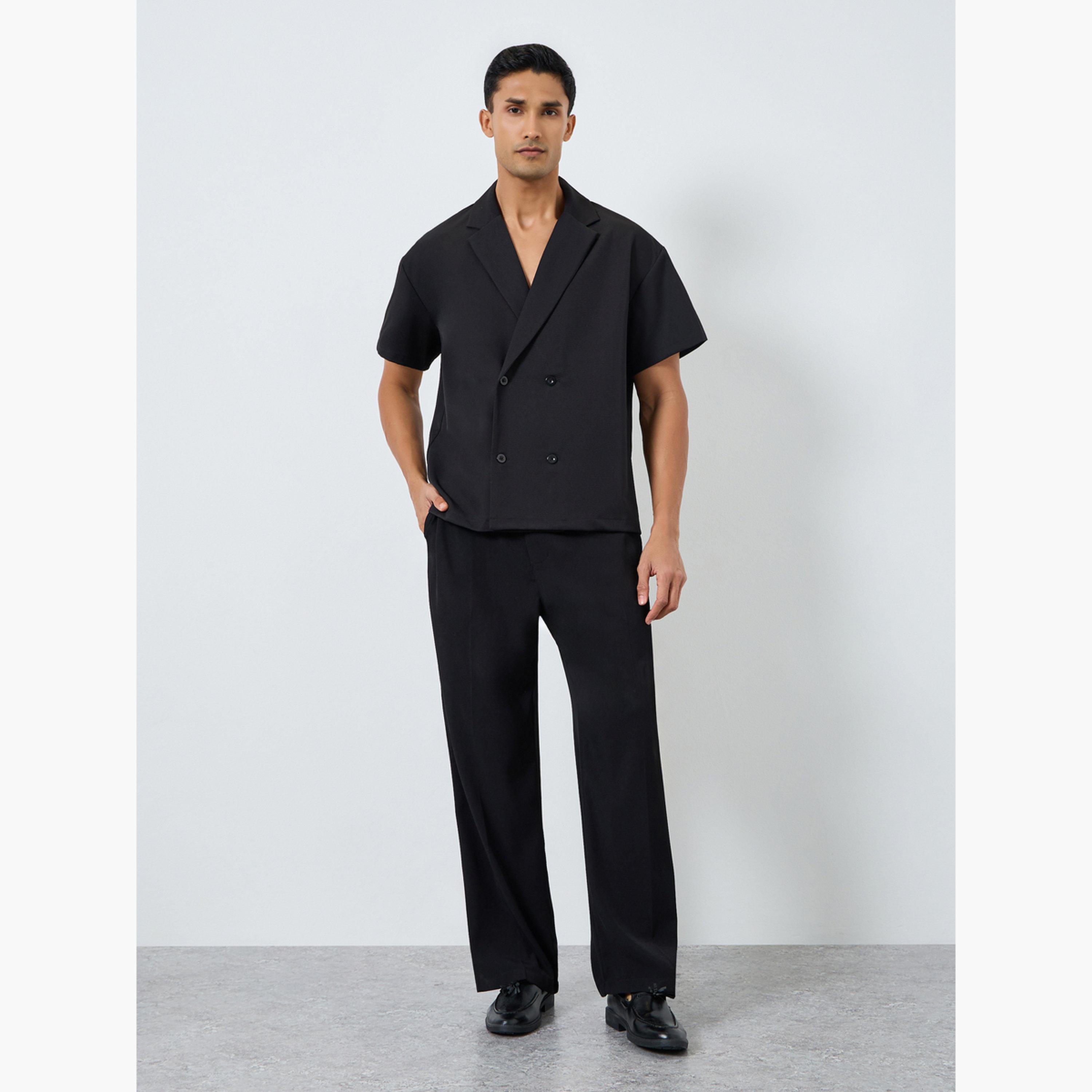 Styli Men Black Notch Collar Double Breasted Oversized Shirt-men-clothing-shirts-image-2
