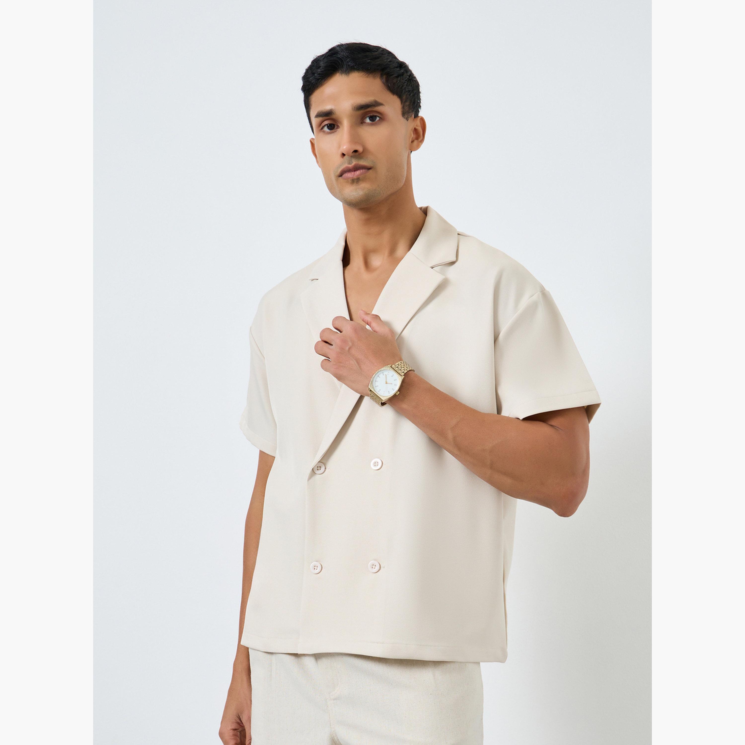 Styli Men Beige Notch Collar Double Breasted Oversized Shirt-men-clothing-shirts-image-1