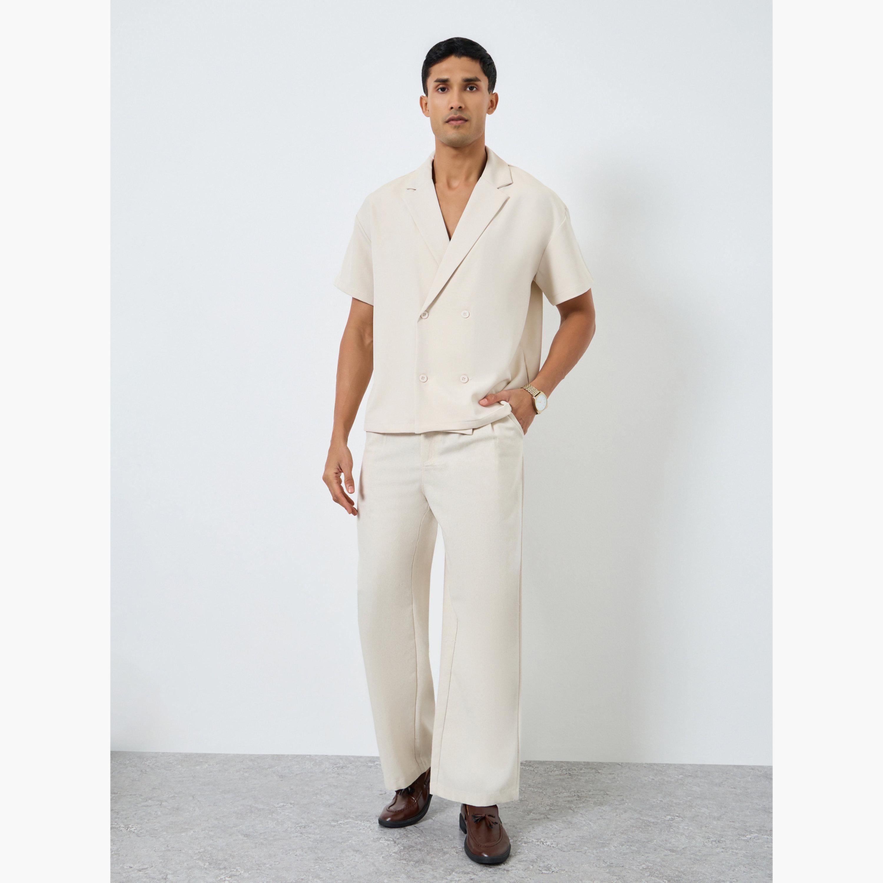 Styli Men Beige Notch Collar Double Breasted Oversized Shirt-men-clothing-shirts-image-2