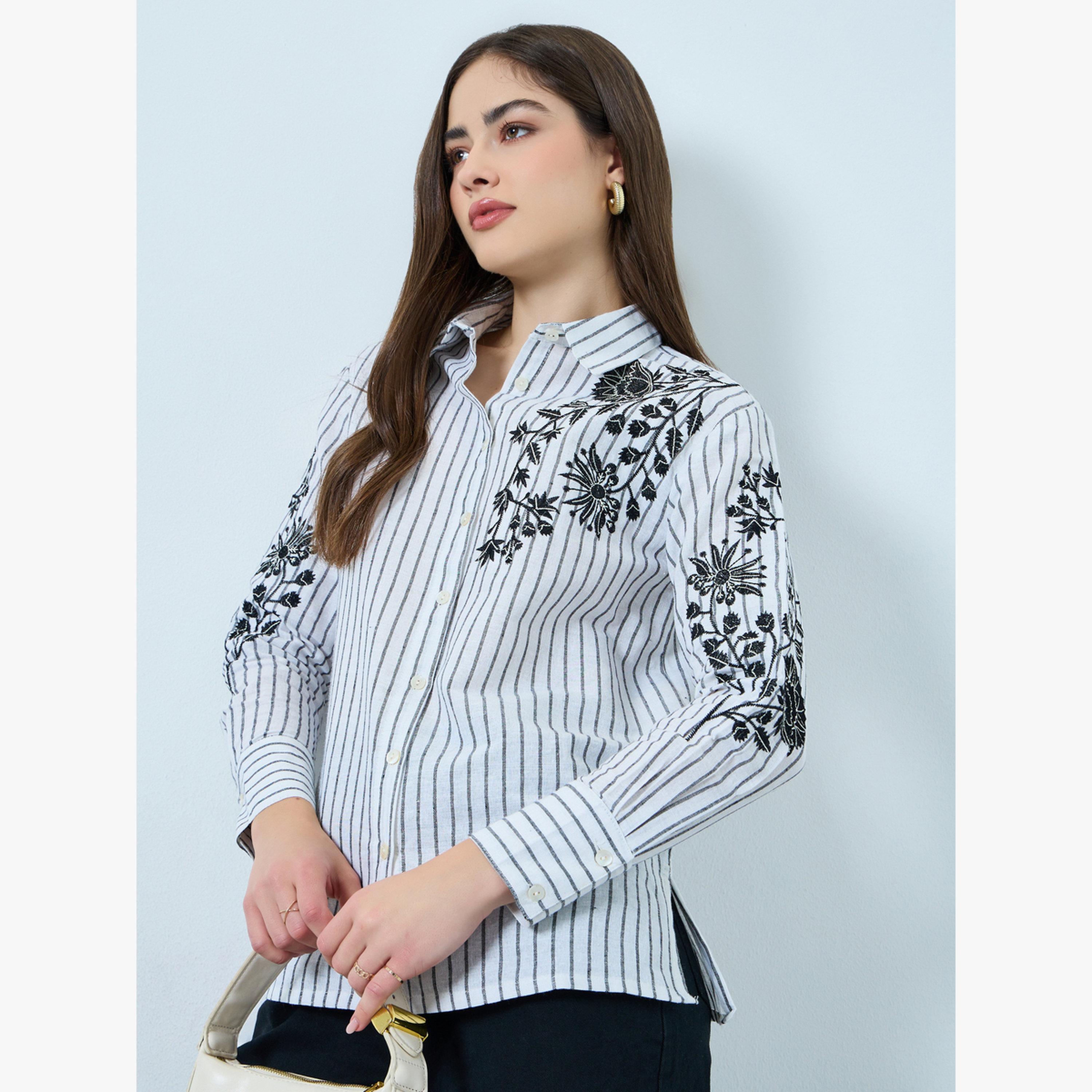 قميص بأكمام طويلة ومخطط ومطرز بالأزهار-women-clothing-shirtsandblouses-blouses-image-1