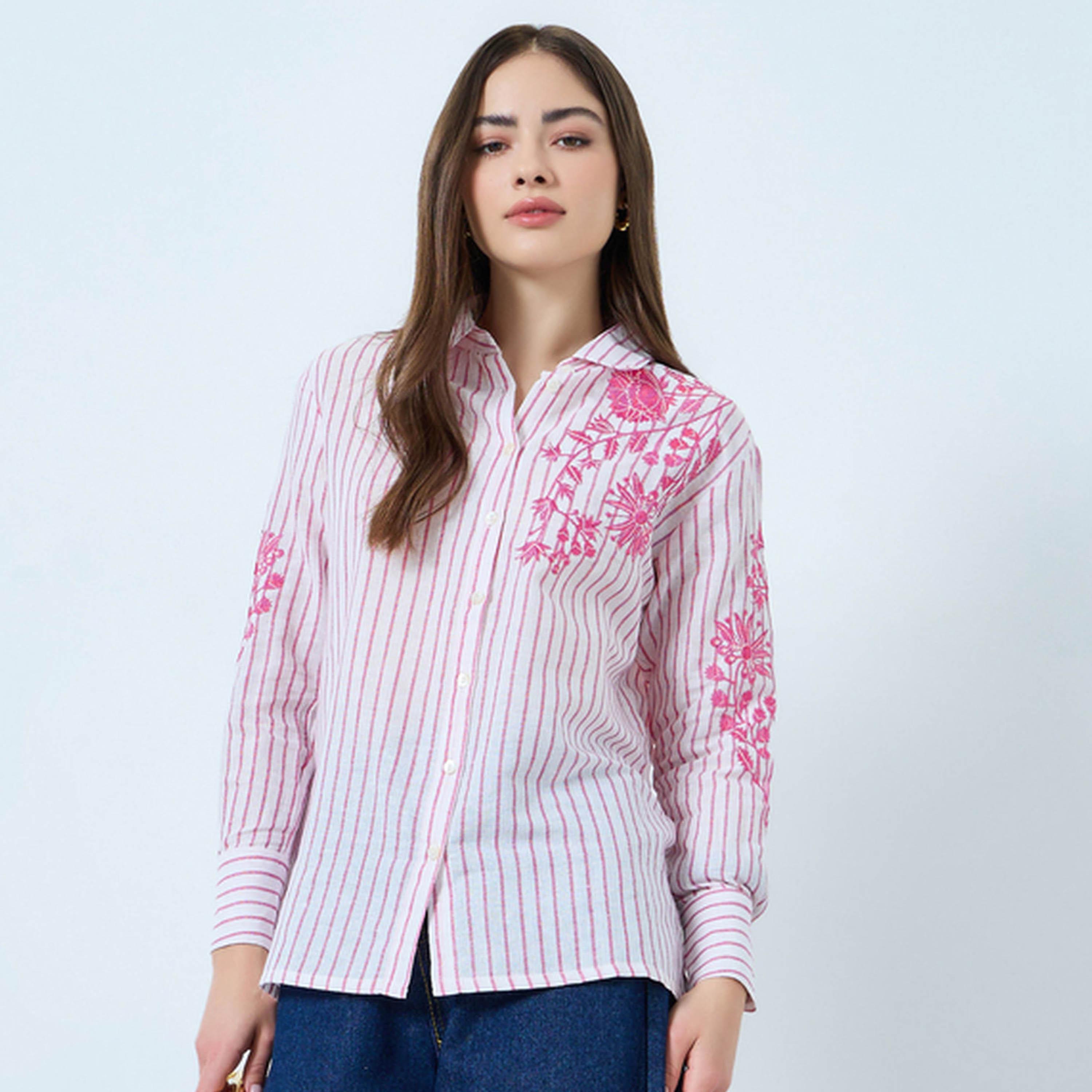 Styli Floral Embroidered Stripe Long Sleeve Shirt-women-clothing-shirtsandblouses-blouses-image-1
