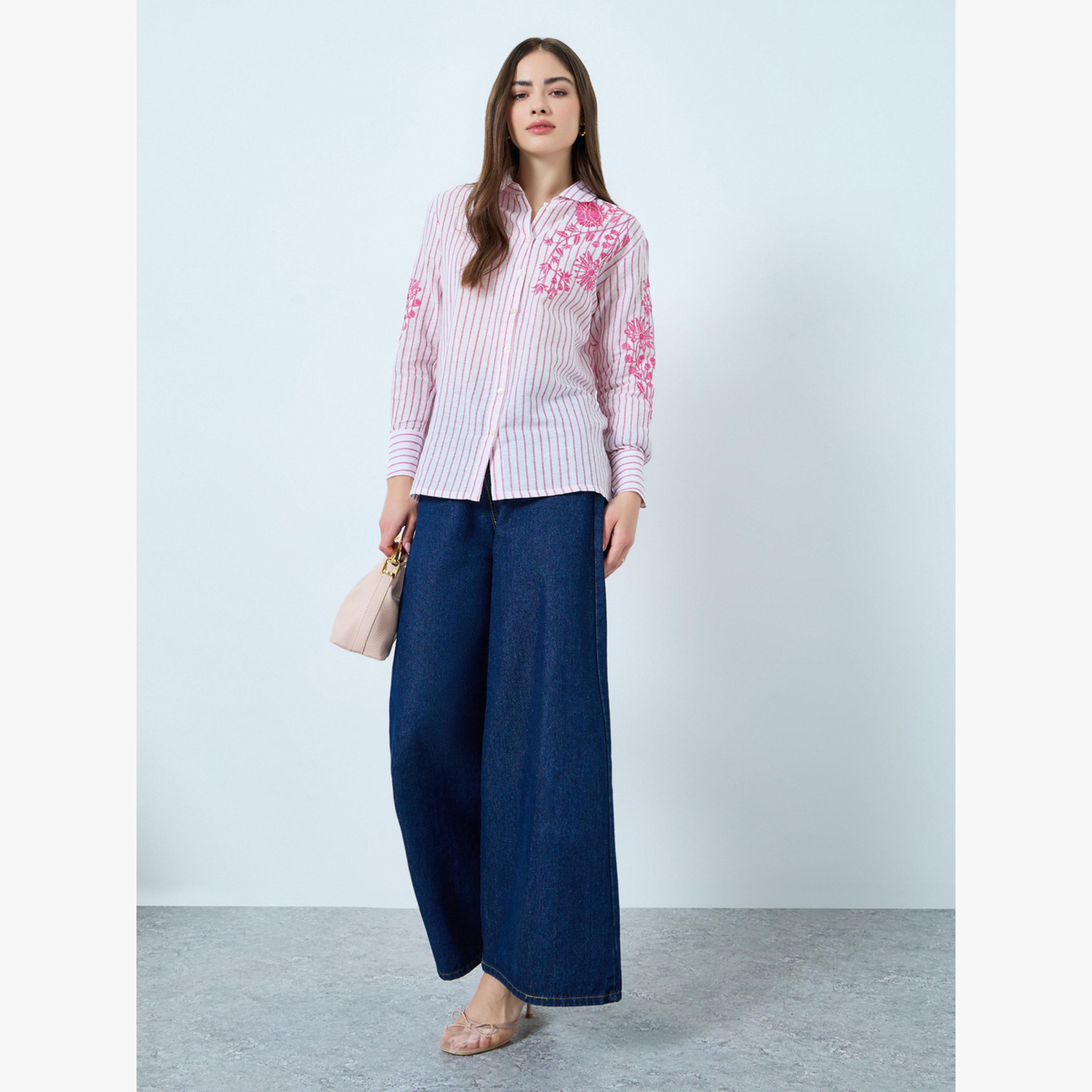 Styli Floral Embroidered Stripe Long Sleeve Shirt-women-clothing-shirtsandblouses-blouses-image-2