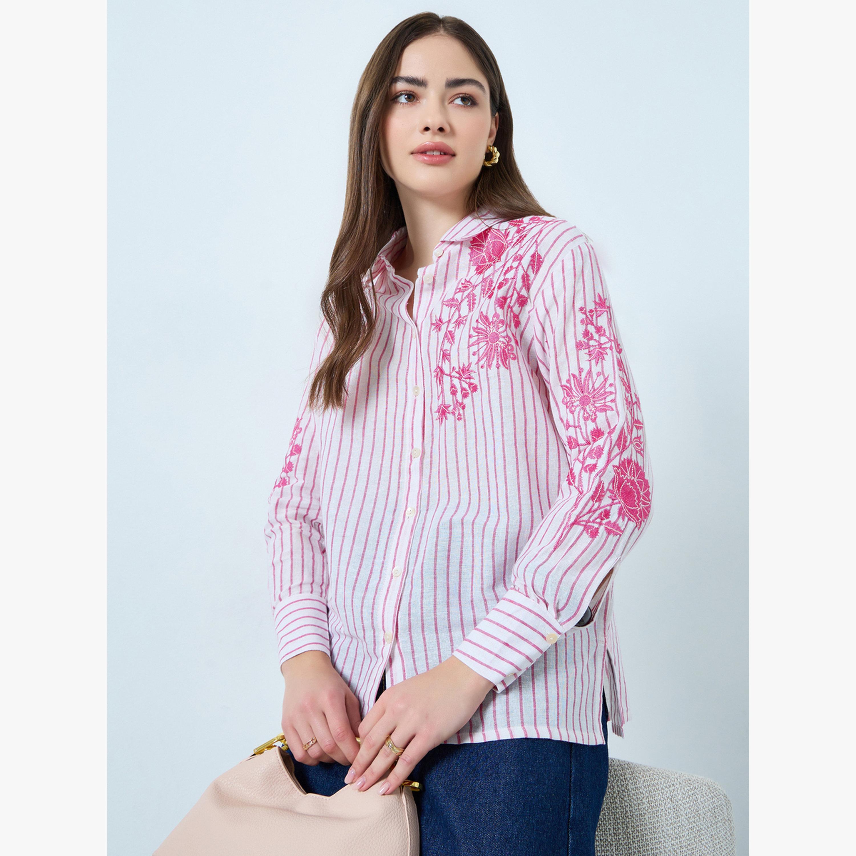 Styli Floral Embroidered Stripe Long Sleeve Shirt-women-clothing-shirtsandblouses-blouses-image-3