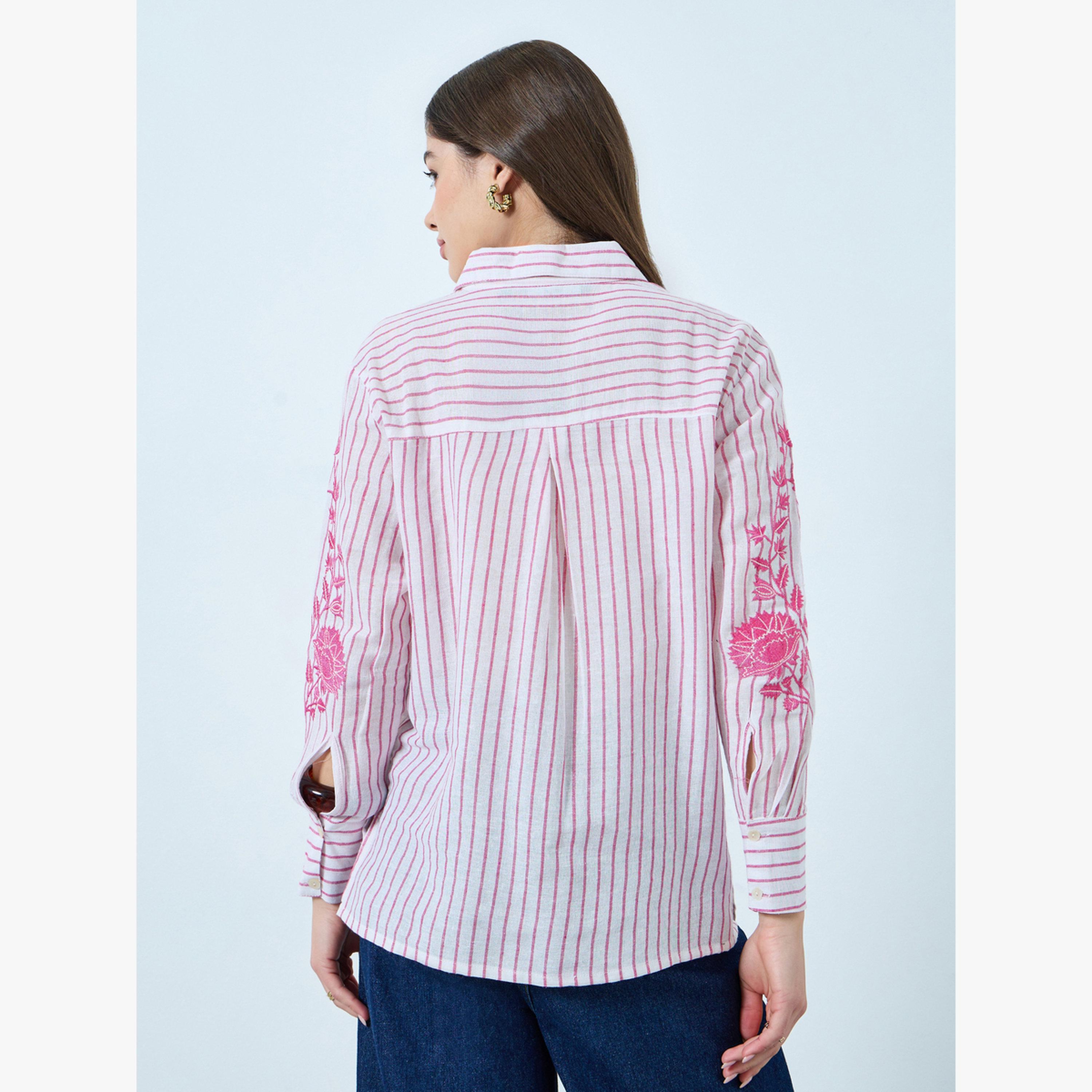 Styli Floral Embroidered Stripe Long Sleeve Shirt-women-clothing-shirtsandblouses-blouses-image-4