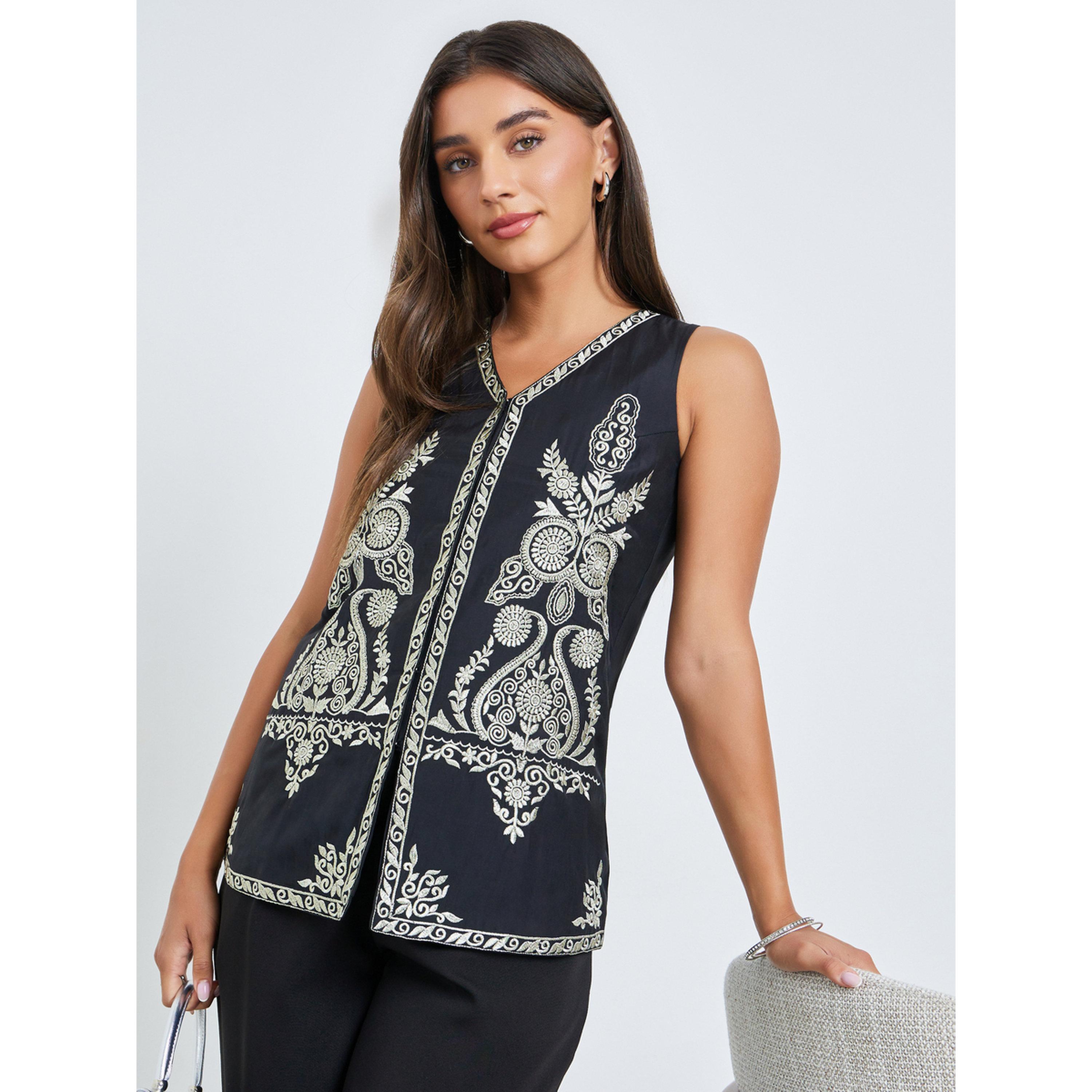 Styli Black Embroidered Evening Waistcoat-women-clothing-tshirts-image-1