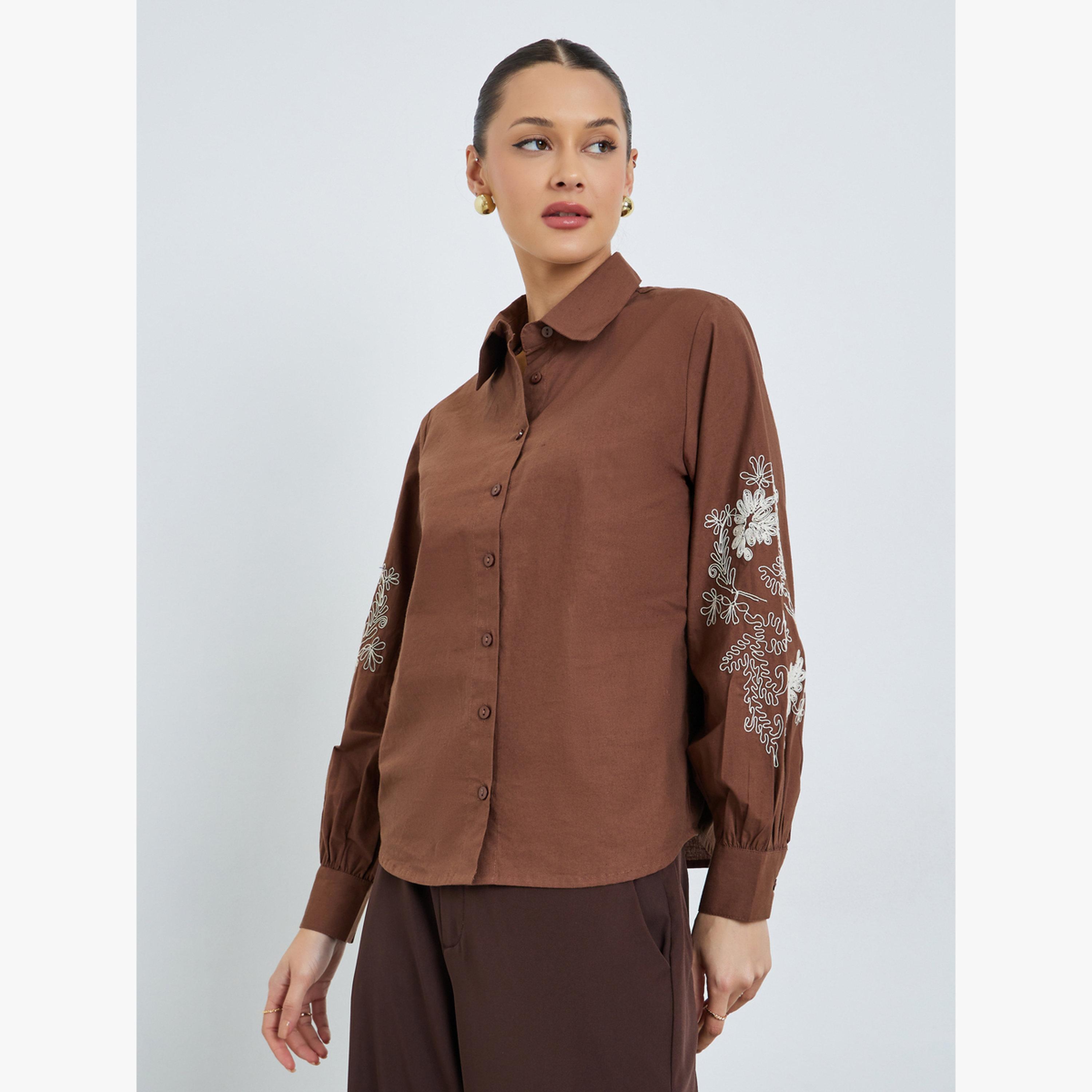 Styli Brown Embroidered Long Sleeve Shirt-women-clothing-shirtsandblouses-shirts-image-1