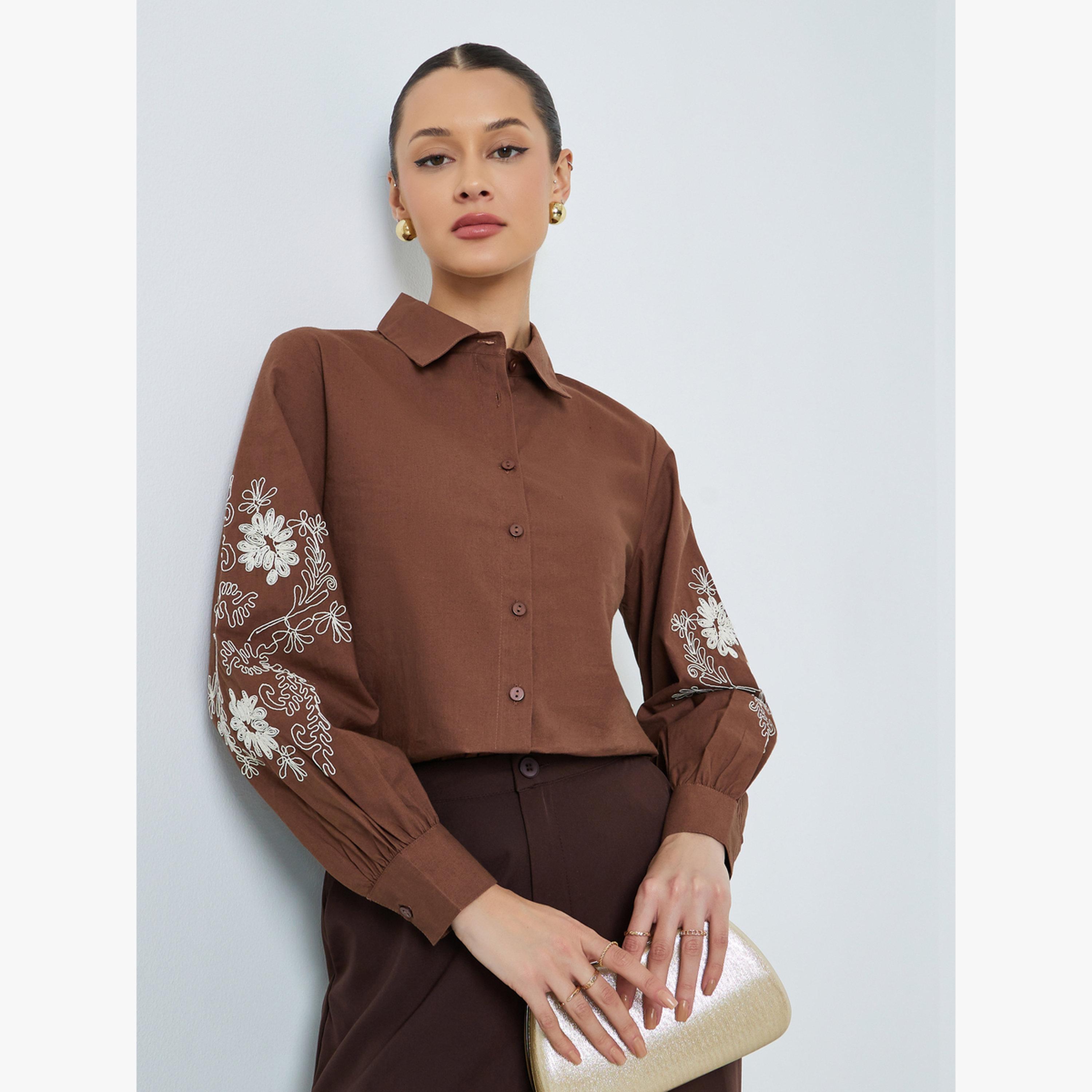Styli Brown Embroidered Long Sleeve Shirt-women-clothing-shirtsandblouses-shirts-image-3