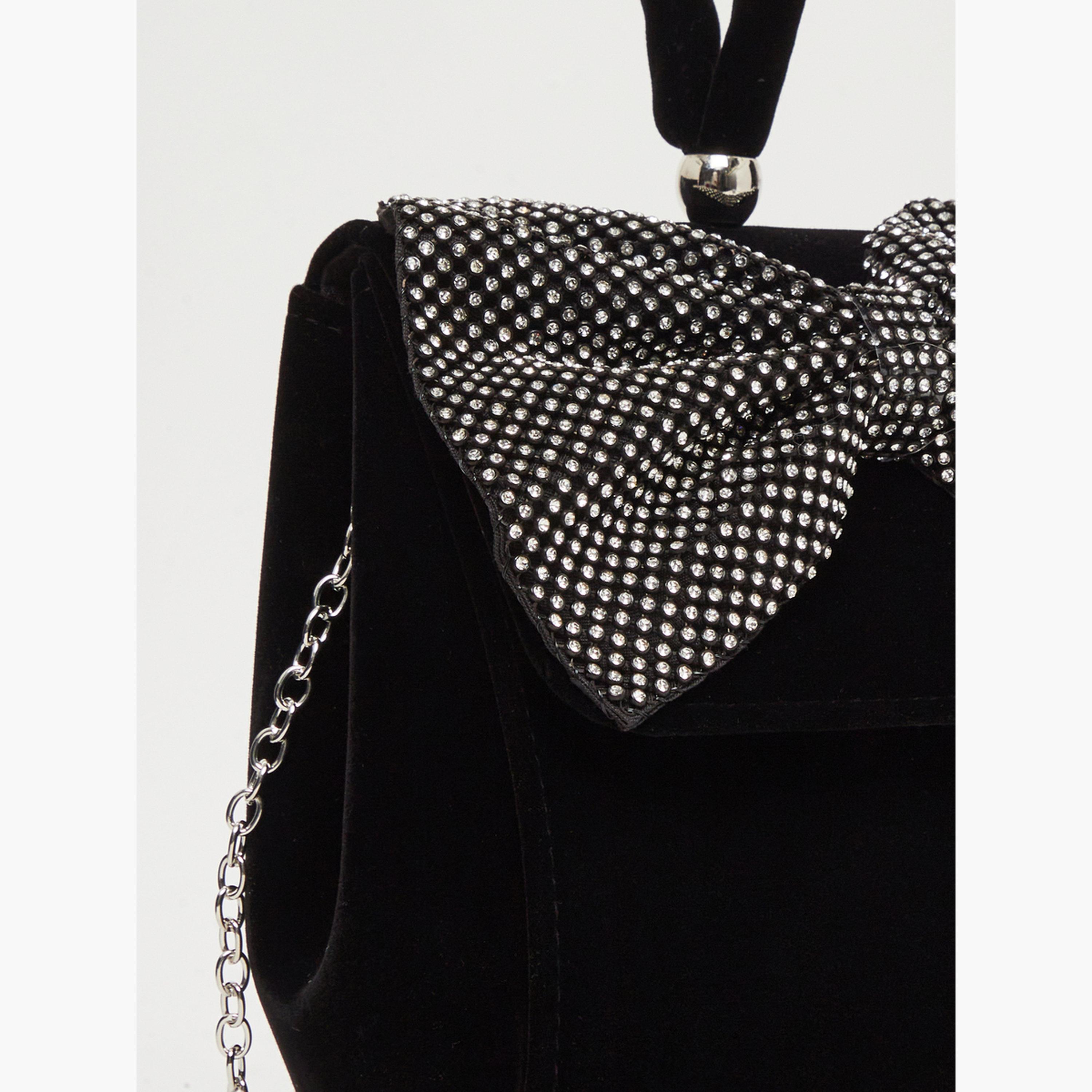 Styli Black Velvet Clutch with Rhinestone Bow-women-bagsandwallets-handbags-image-3