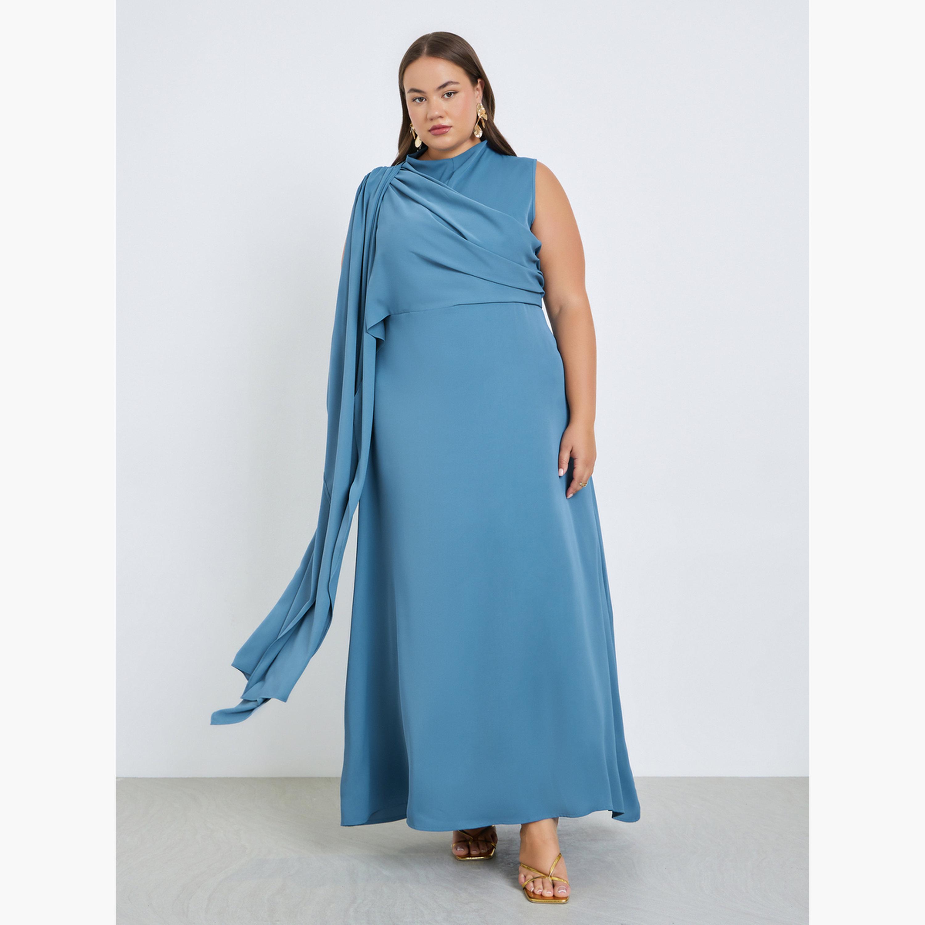 Styli Plus Size Blue Pleated A-Line Maxi Dress-women-clothing-dresses-image-1