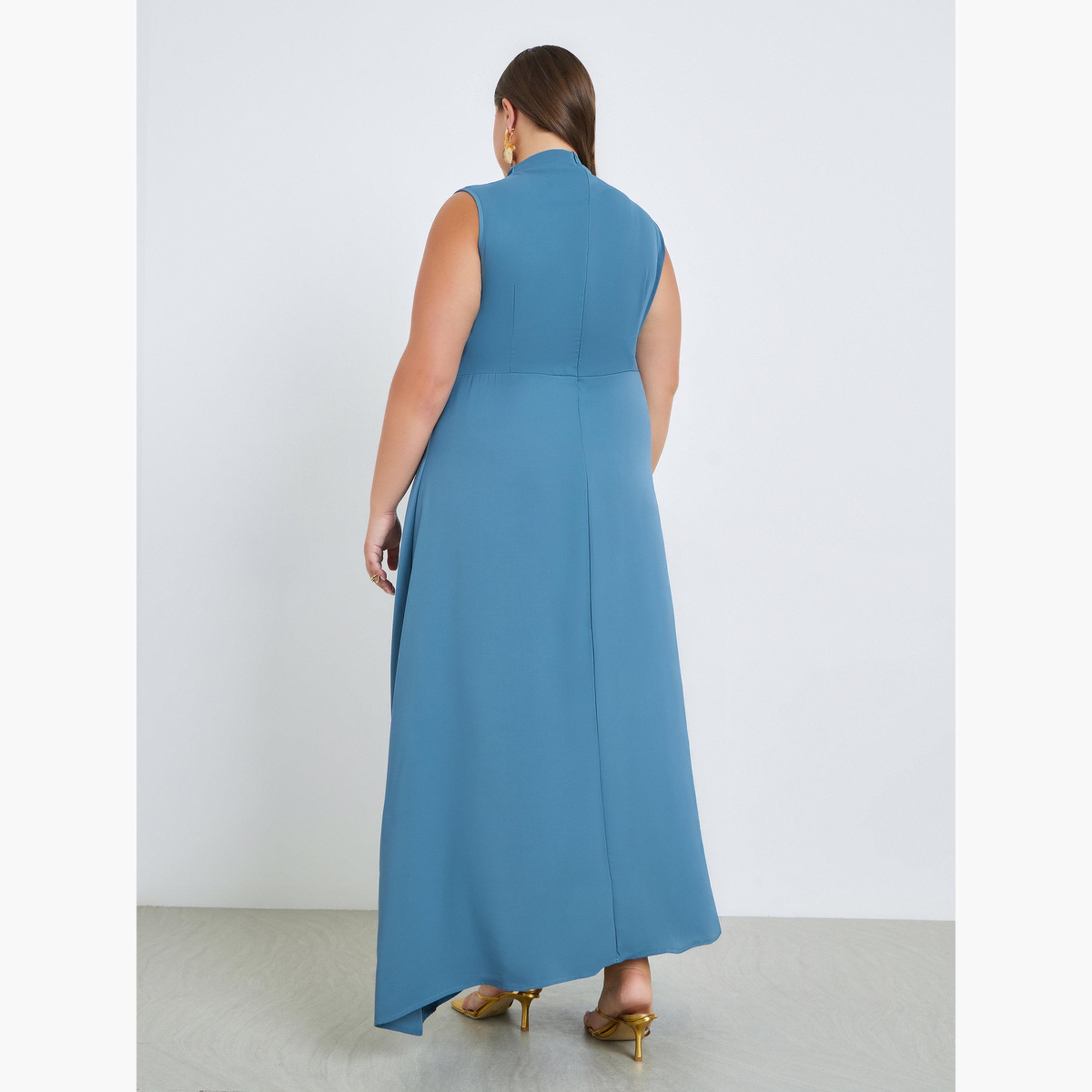 Styli Plus Size Blue Pleated A-Line Maxi Dress-women-clothing-dresses-image-3