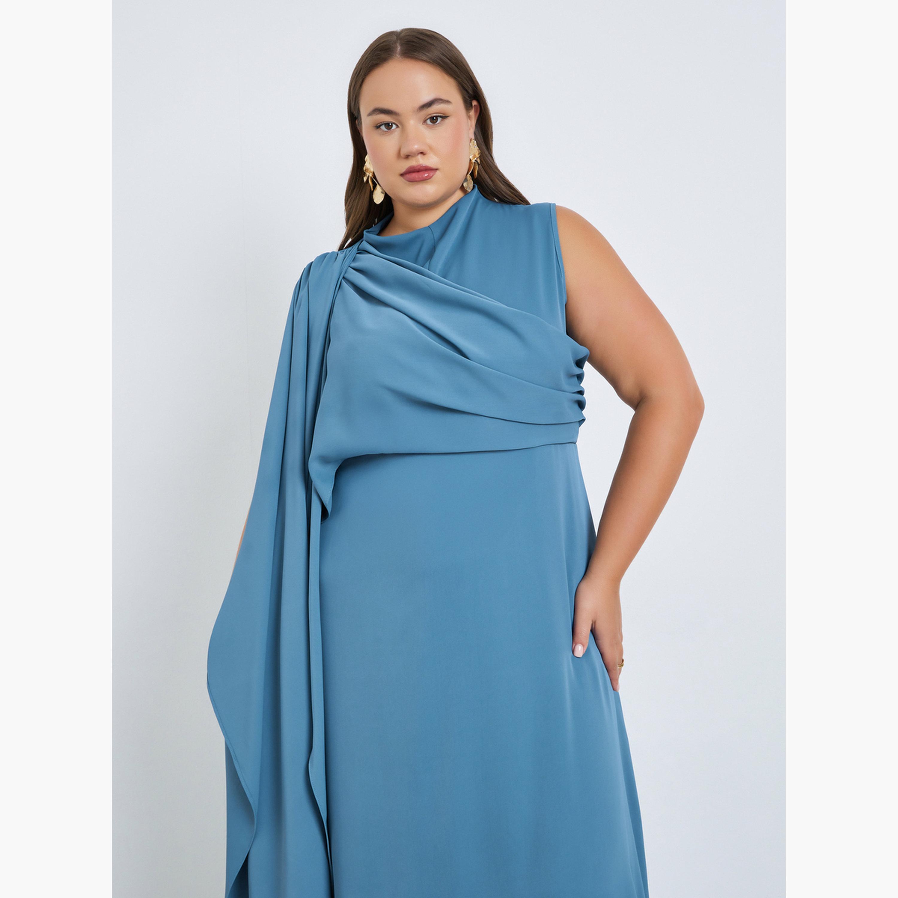 Styli Plus Size Blue Pleated A-Line Maxi Dress-women-clothing-dresses-image-4