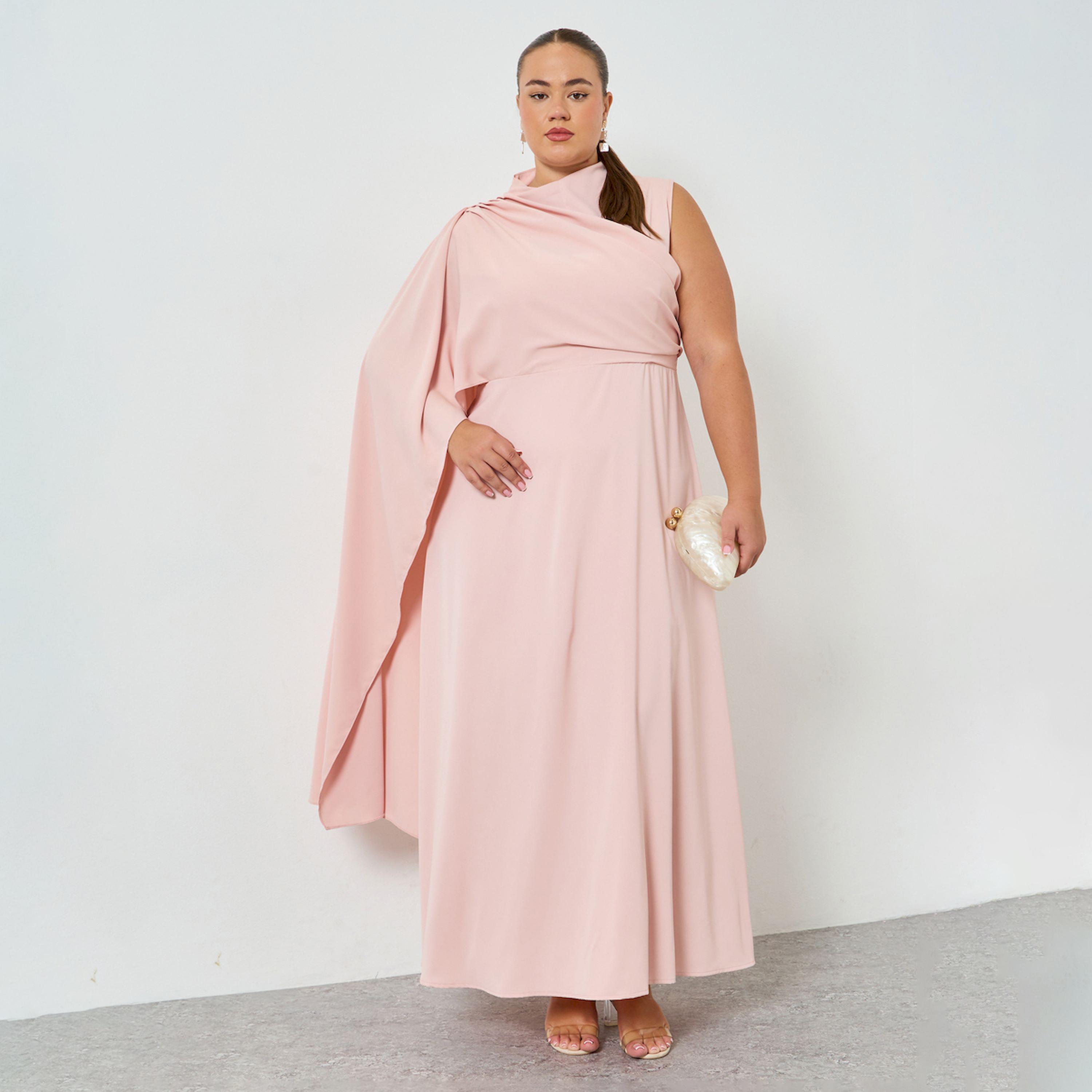 Styli Plus Size Pink Cape Long Sleeves A-Line Maxi Dress-women-clothing-dresses-image-1