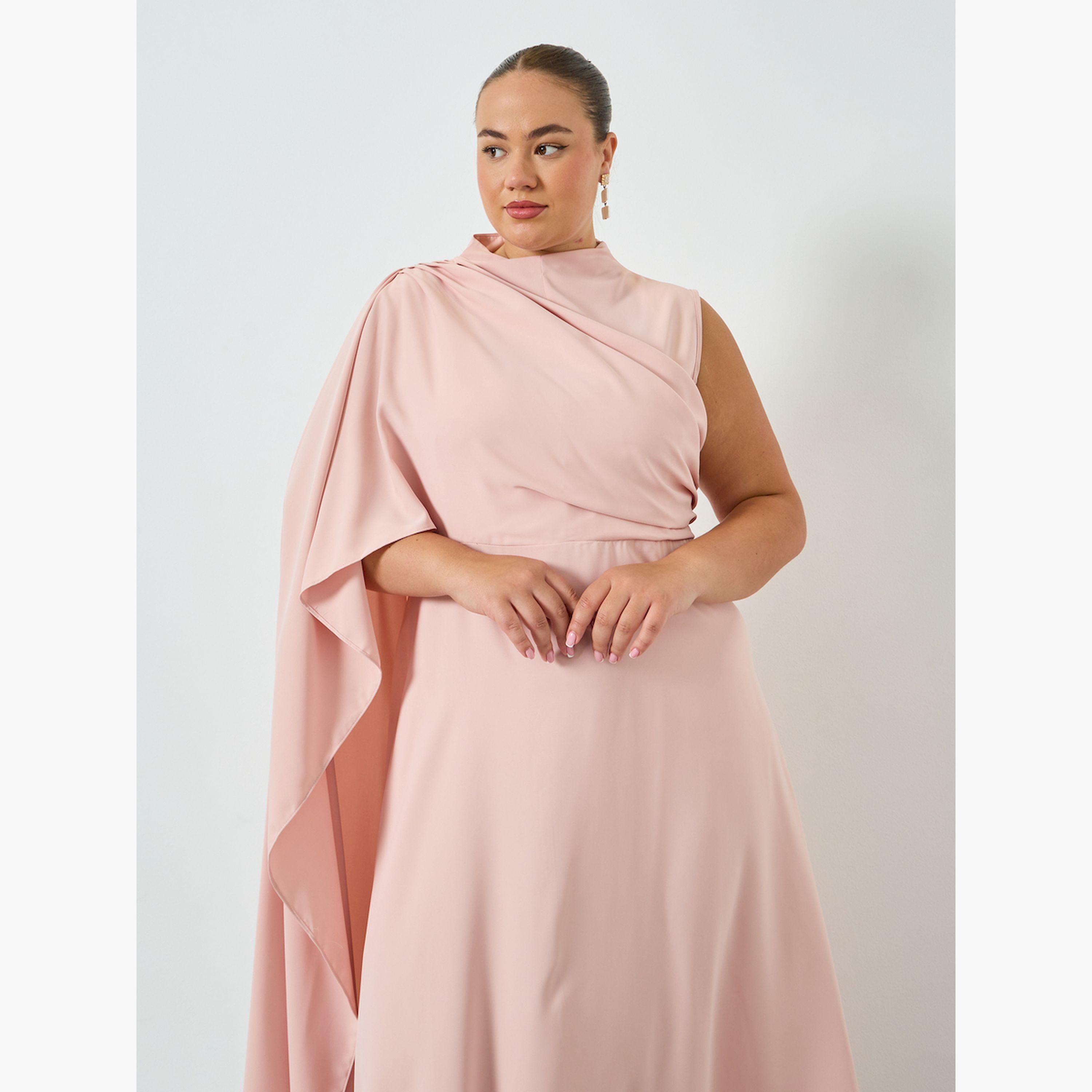 Styli Plus Size Pink Cape Long Sleeves A-Line Maxi Dress-women-clothing-dresses-image-2
