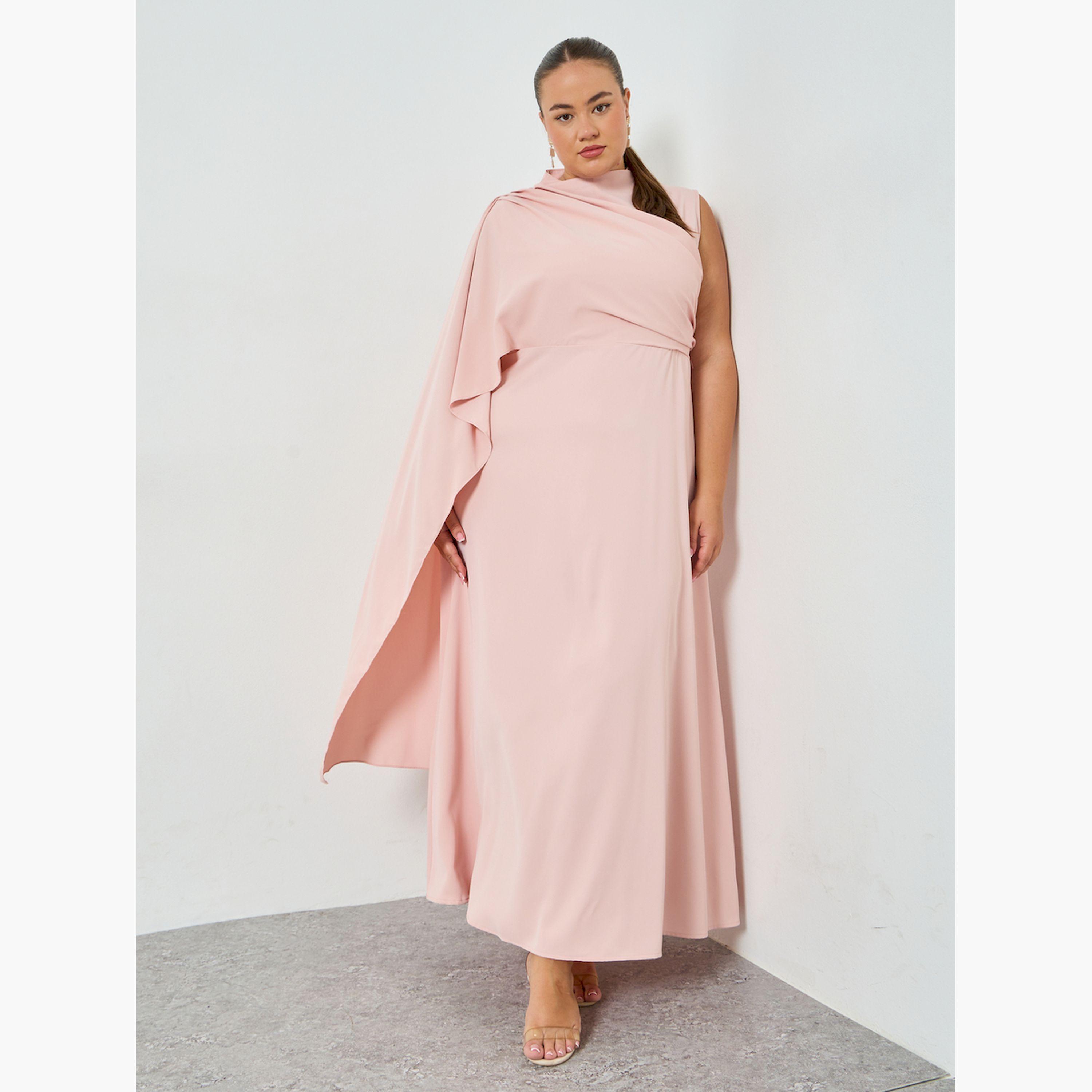 Styli Plus Size Pink Cape Long Sleeves A-Line Maxi Dress-women-clothing-dresses-image-3
