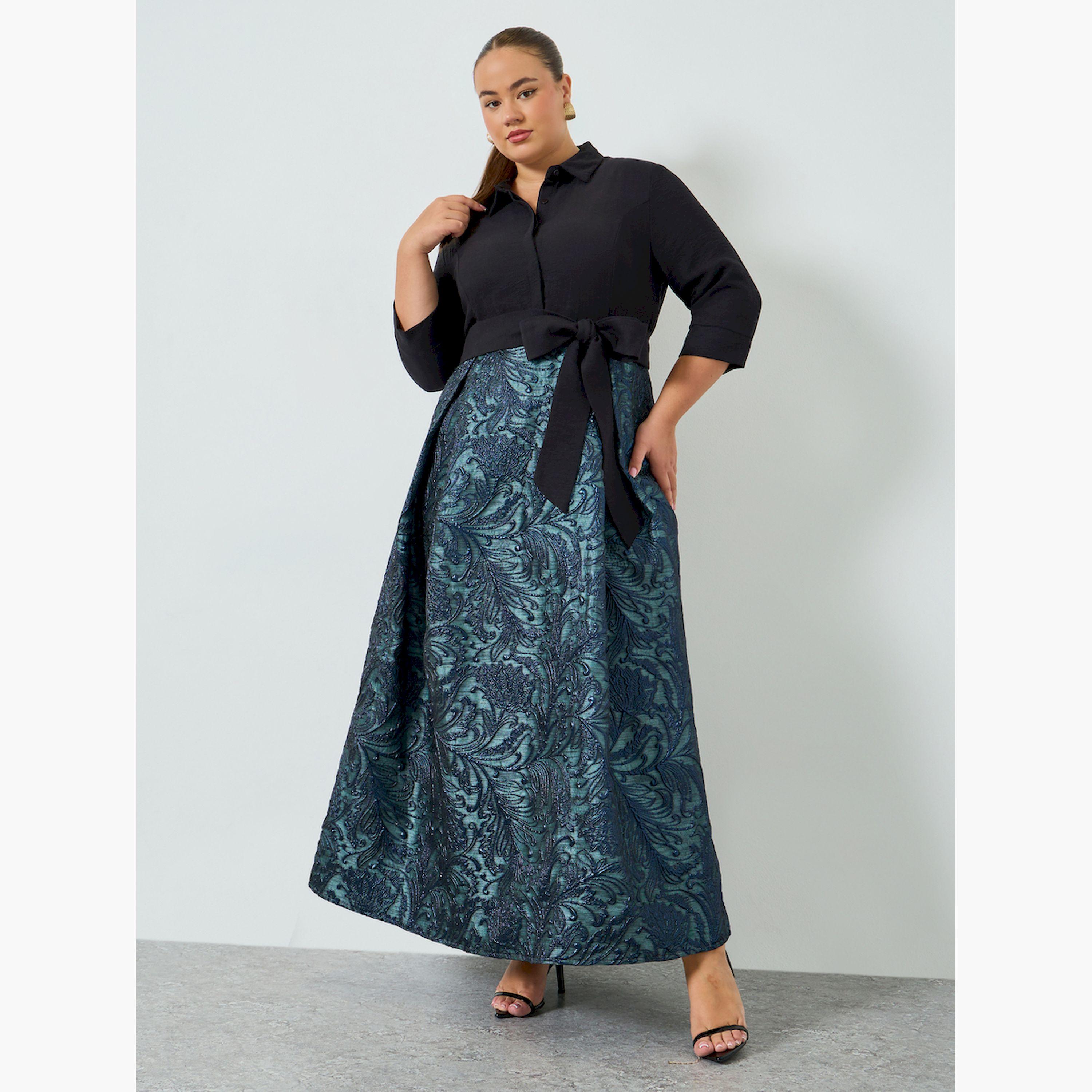 Styli Plus Size Blue Jacquard A-Line Maxi Dress-women-clothing-dresses-image-1