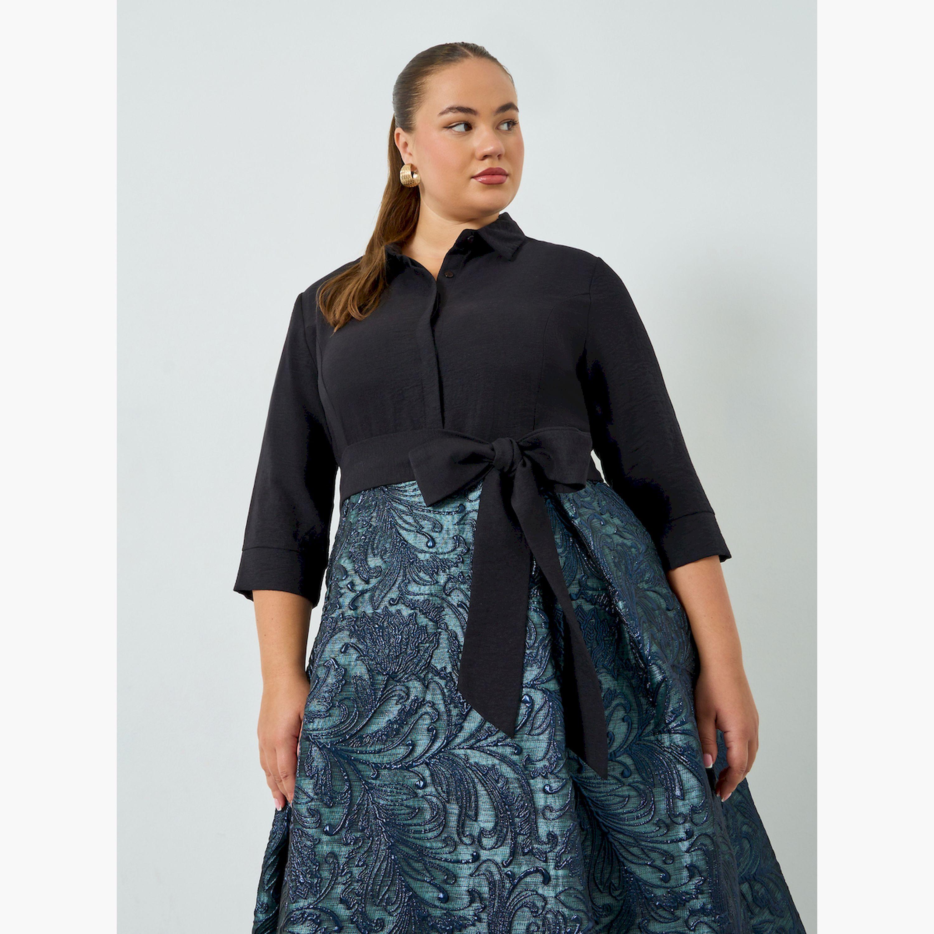 فستان طويل مقاس كبير جاكار بحافة واسعة-women-clothing-dresses-image-2
