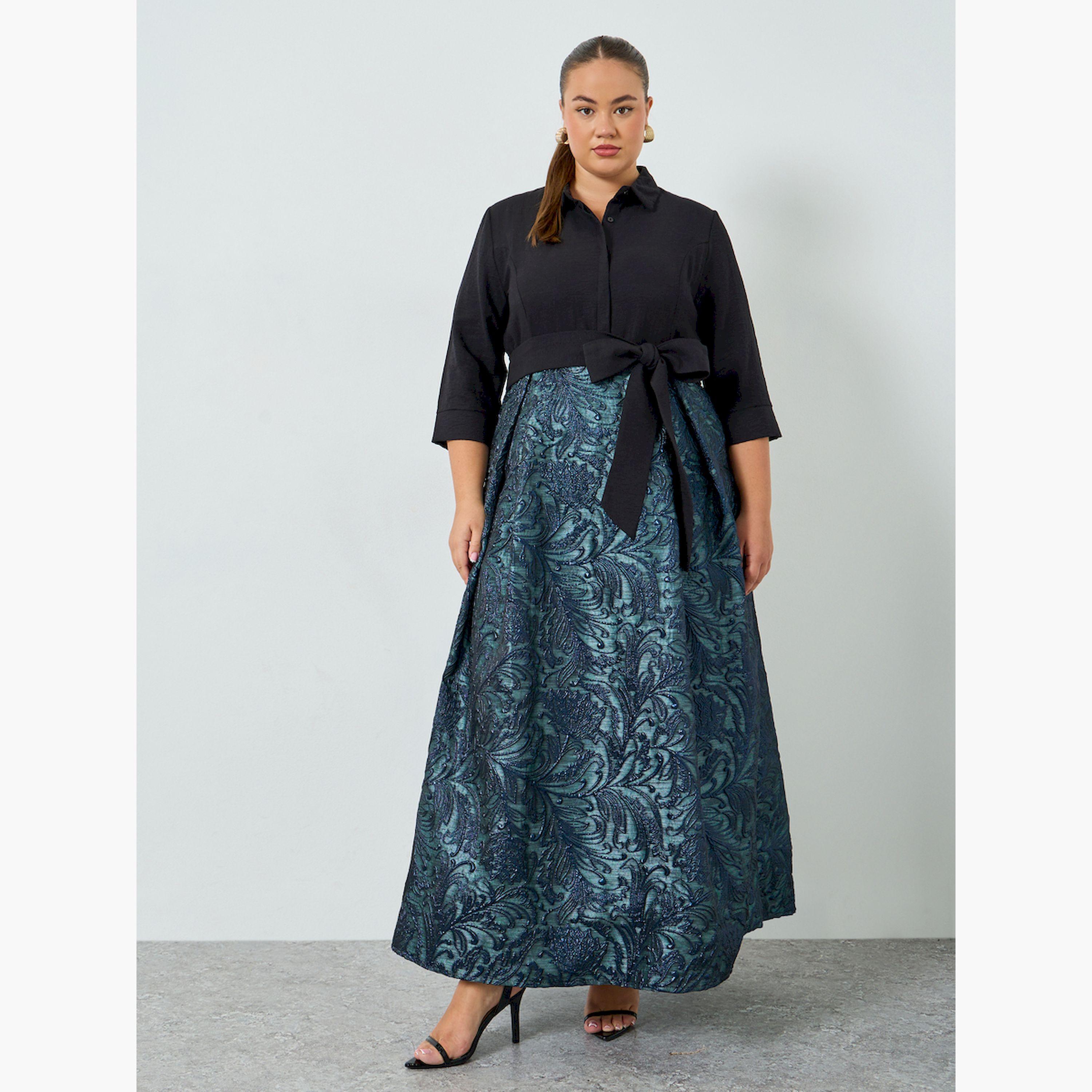 Styli Plus Size Blue Jacquard A-Line Maxi Dress-women-clothing-dresses-image-3
