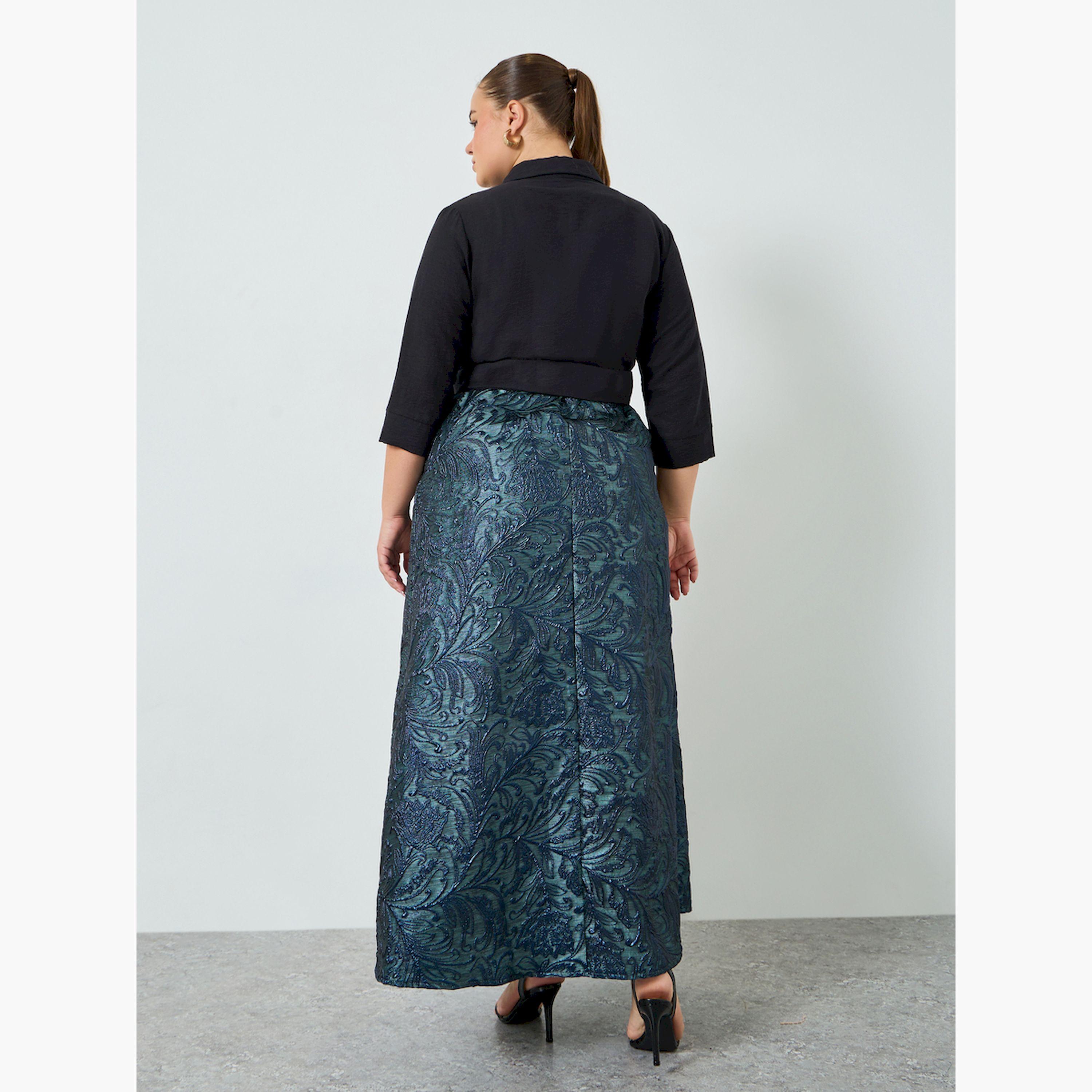 فستان طويل مقاس كبير جاكار بحافة واسعة-women-clothing-dresses-image-4